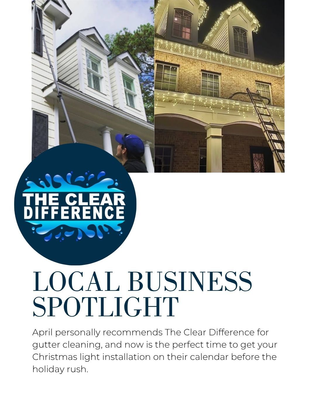 LOCAL BUSINESS SPOTLIGHT: The Clear Difference 🏡✨
Two things worth knowing about right now: clean gutters before the leaves fall, and Christmas lights without the hassle of hanging them yourself.
The Clear Difference handles both, and I can personally vouch for their gutter cleaning service. They showed up on time, did great work, and sent before and after photos of everything I couldn't see from the ground. That kind of transparency and professionalism is hard to find.
With over 70 five-star Google reviews, they've clearly built a reputation worth trusting.
And here's the part worth acting on now: Christmas light installation books up fast. If you want your home looking festive this holiday season without climbing a single ladder, reach out to them now before the calendar fills up.
👉 thecleardifference.com
#thecleardifference #localbisuness #auburnalabama #opelikaal #gutterclearing #christmaslights #supportlocal #homeservices