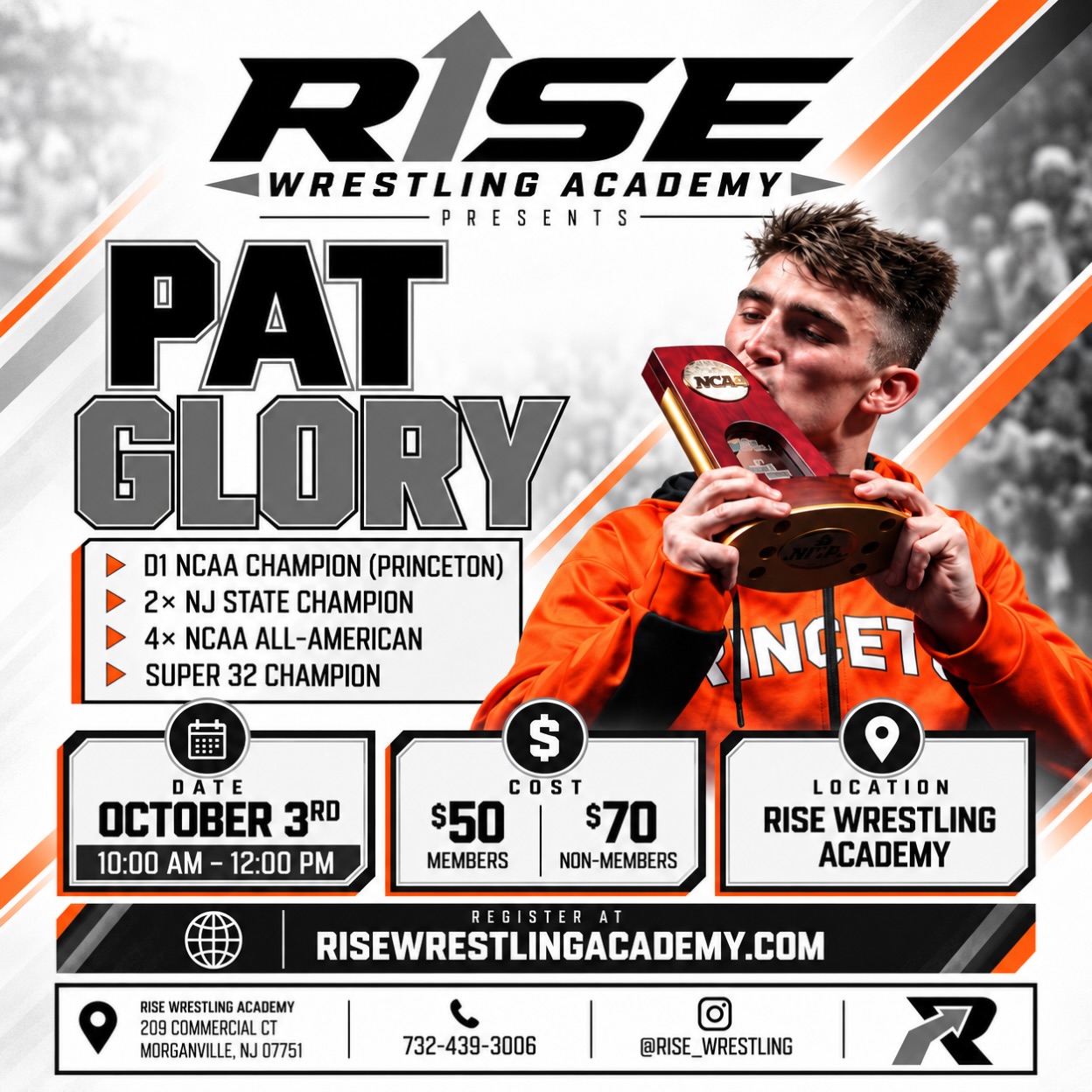 D1 NCAA Champion Pat Glory is coming to Rise Wrestling Academy! 💪
Join us October 3rd from 10:00 AM–12:00 PM for a clinic with one of the best in the country.
$50 Members | $70 Non-Members
Spots are limited. Sign up through our website or the link in our Instagram bio.