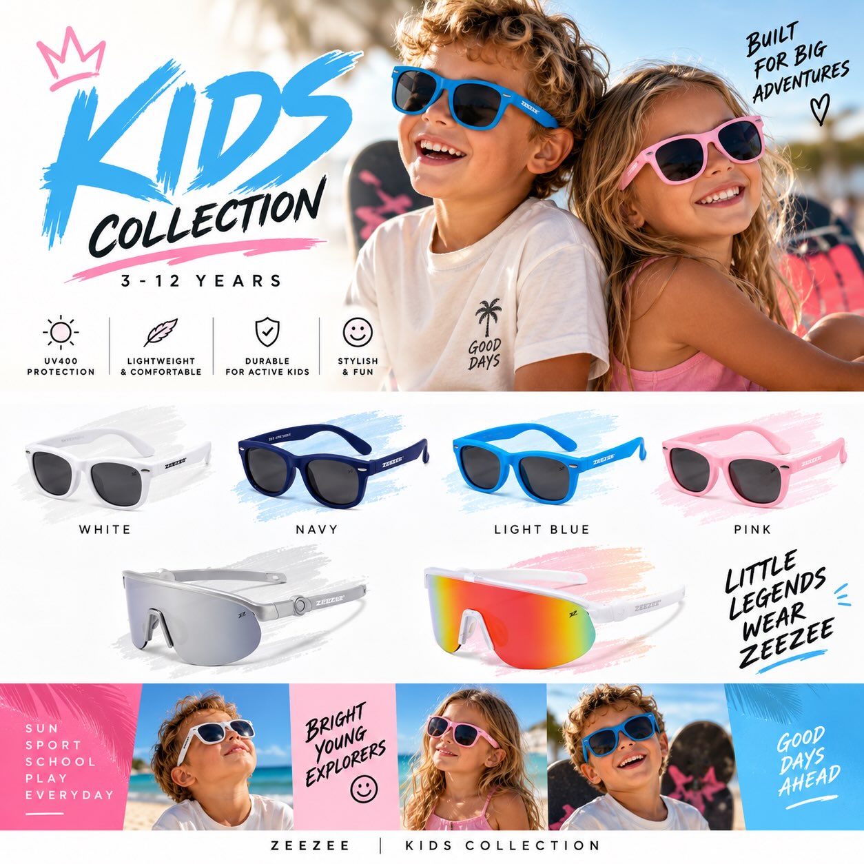 ☀️ BIG ADVENTURES NEED LITTLE SHADES. 😎
Meet the ZEEZEE Kids Collection — made for little legends aged 3–12 who don’t stop moving.
From beach days and backyard adventures to sport, holidays and everyday play, our kids range is designed to keep up with them. 🌈⚡️
☀️ UV400 protection
🪶 Lightweight & comfortable
💪 Durable for active kids
😎 Fun colours they’ll actually WANT to wear
Available in White, Navy, Light Blue, Pink + sporty styles for the mini athletes.
BRIGHT YOUNG EXPLORERS. GOOD DAYS AHEAD. 💗💙
#ZEEZEEWear #ZEEZEEKids #KidsSunglasses #LittleLegends #BuiltForBrightDays