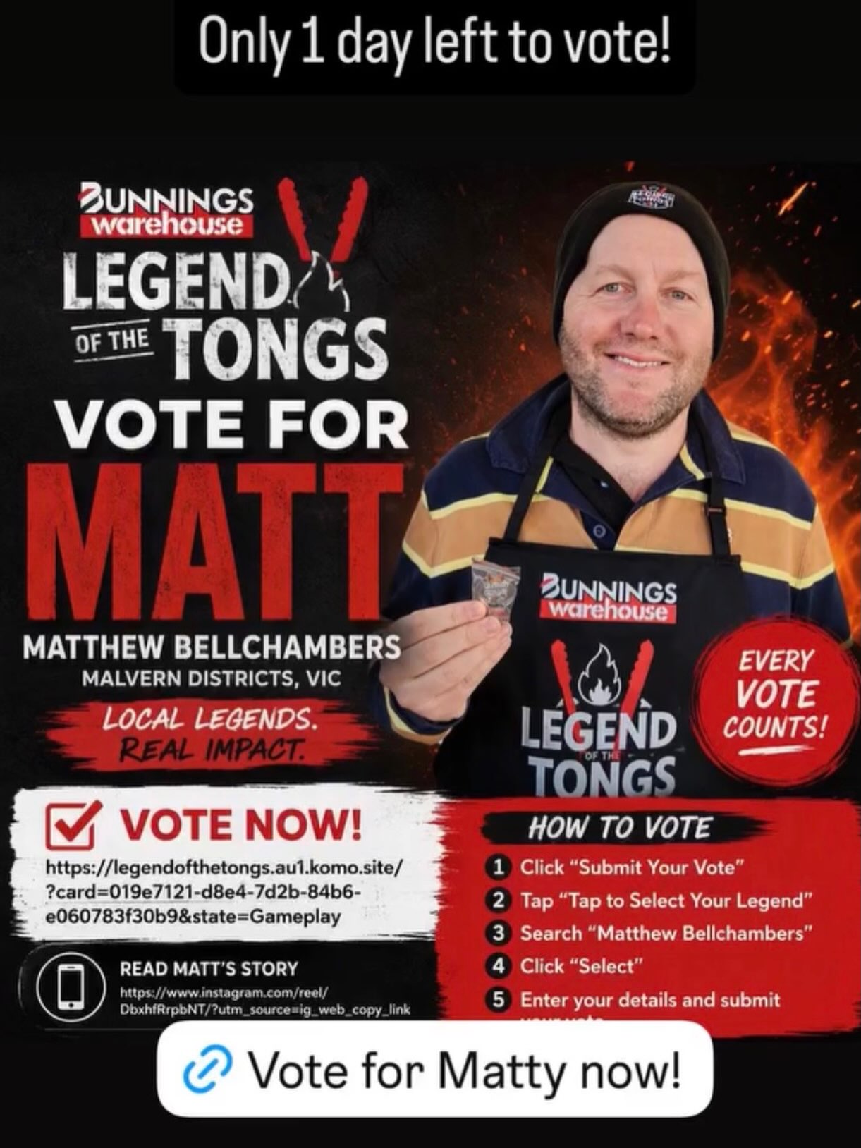 🏉🔥 Hey there, Knights and Knightettes! It’s your last chance to vote for our sizzling superstar, Matty Bellchambers, in the #legendofthetongs competition! Matty’s been flipping sausages and spreading smiles for five fantastic years at the Auskick BBQ. He’s not just a grill master but a true legend of our East Malvern Knights community.
So, if you’ve ever enjoyed his perfectly cooked snags or shared a laugh with him on a Saturday morning, it’s time to show your support! Cast your vote today and let’s celebrate this top bloke who makes our weekends so special. Let’s rally together and make sure Matty sizzles to the top! 🌭🏆
Vote via link in bio or https://legendofthetongs.au1.komo.site/link/card/result/click?id=whPKidL0UU2mtRBPqo3No&target=Link&card=019e7121-d8e4-7d2b-84b6-e060783f30b9&gameplay=01a031a0-d6c1-74b8-9da0-8cf39fcad57f&source=card&page=
#linkinbio
#legendofthetongs #bunnings #eastmalvernknights malverndistrictsauskick