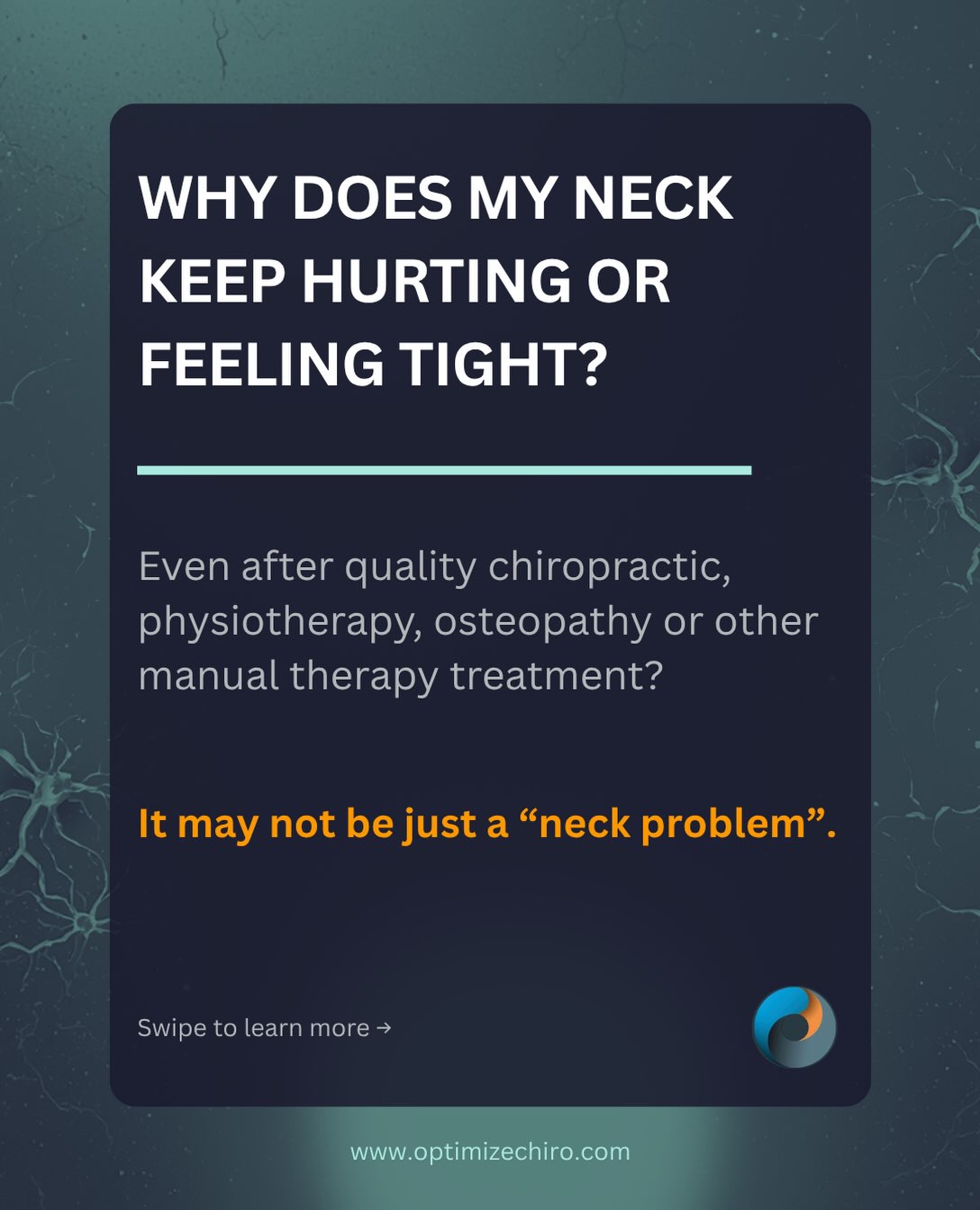 Why does my neck keep getting tight, stiff or painful — even after good manual therapy?
Sometimes the answer isn’t simply that the neck needs more treatment.
Your neck is part of a much larger sensorimotor system involving your eyes, vestibular system, brain, cerebellum, cervical proprioception and balance systems.
After concussion, whiplash or vestibular/visual dysfunction, these systems may not be communicating as efficiently as they should.
The nervous system may then increase activity in the neck muscles to help stabilise the head and eyes.
This can create a cycle of:
Altered sensory information → increased muscle activity → neck tightness → pain/stiffness → temporary improvement with treatment → recurrent tightness.
This is one reason why manual therapy can feel helpful but the symptoms may keep returning.
It doesn’t mean manual therapy isn’t useful.
It means we may need to ask a bigger question:
WHY does the nervous system keep asking the neck to tighten?
That’s where objective assessment becomes important.
We can assess different physiological systems, including:
👁 Fixation
👁 Smooth pursuits
👁 Saccades
👁 Vergence
👁 Vestibulo-ocular reflex (VOR)
👁 Optokinetic responses
👂 Vestibular function
🦴 Cervical proprioception
🧍 Balance and postural control
Different tests challenge different components of the nervous system and can help identify which systems may be contributing to the person’s symptoms.
These systems are highly interconnected.
The purpose of objective assessment is to build a better understanding of the person’s functional impairments and use that information to guide rehabilitation.
Treat the neck — but don’t stop at the neck.
Your neck is part of a bigger system.
#concussion #neckpain #necktension #neckstiffness #chiropractic