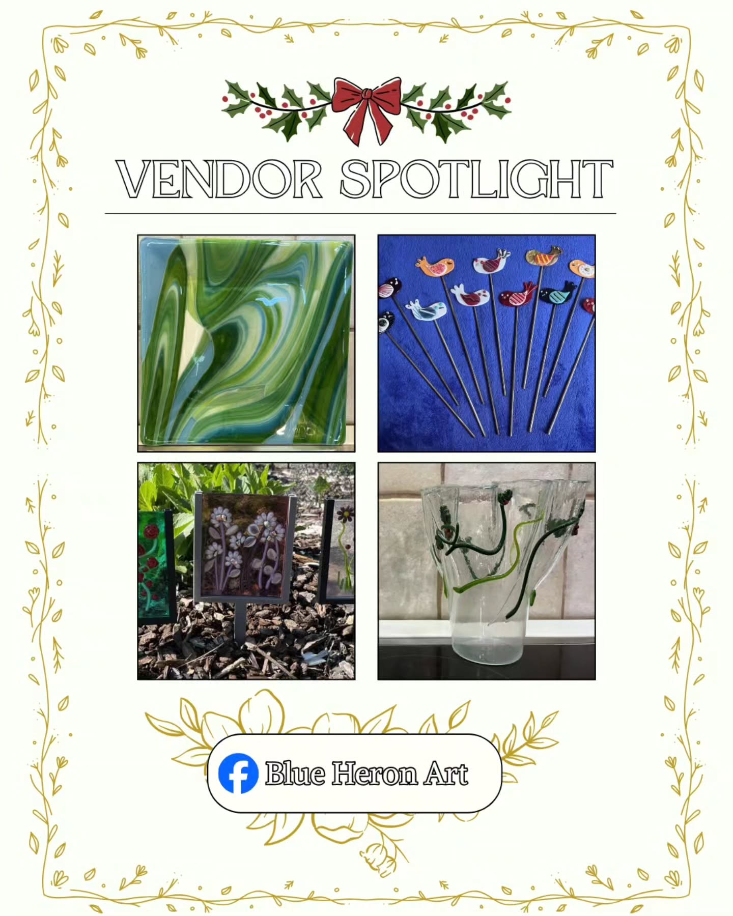 👋 Meet Blue Heron Art!
📍Based in Netarts Oregon (and Bullhead City Arizona in the winter!)
💌 Here’s Tedi, sharing her art journey:
“I initially got started in glass when one of my key employees found out she had breast cancer. I decided life was too short to just work, eat & sleep. So, since I liked shiny things & have always liked stained glass, I started taking lessons from a talented glass artist in Lewiston, Darcy Lodge. One of my early pieces was a mosaiced table for my employee (who is a cancer survivor since 2008!). Since then I've worked more with fused glass, doing a variety of things: plates, garden stakes, waves, & learning new techniques when I see them.”
🐦 Meet Tedi and see her creations at the S’Wheat Farm Holiday Vintage Market!
November 13th at 5:30pm & 14th at 9:00am at Latah Fair Grounds.