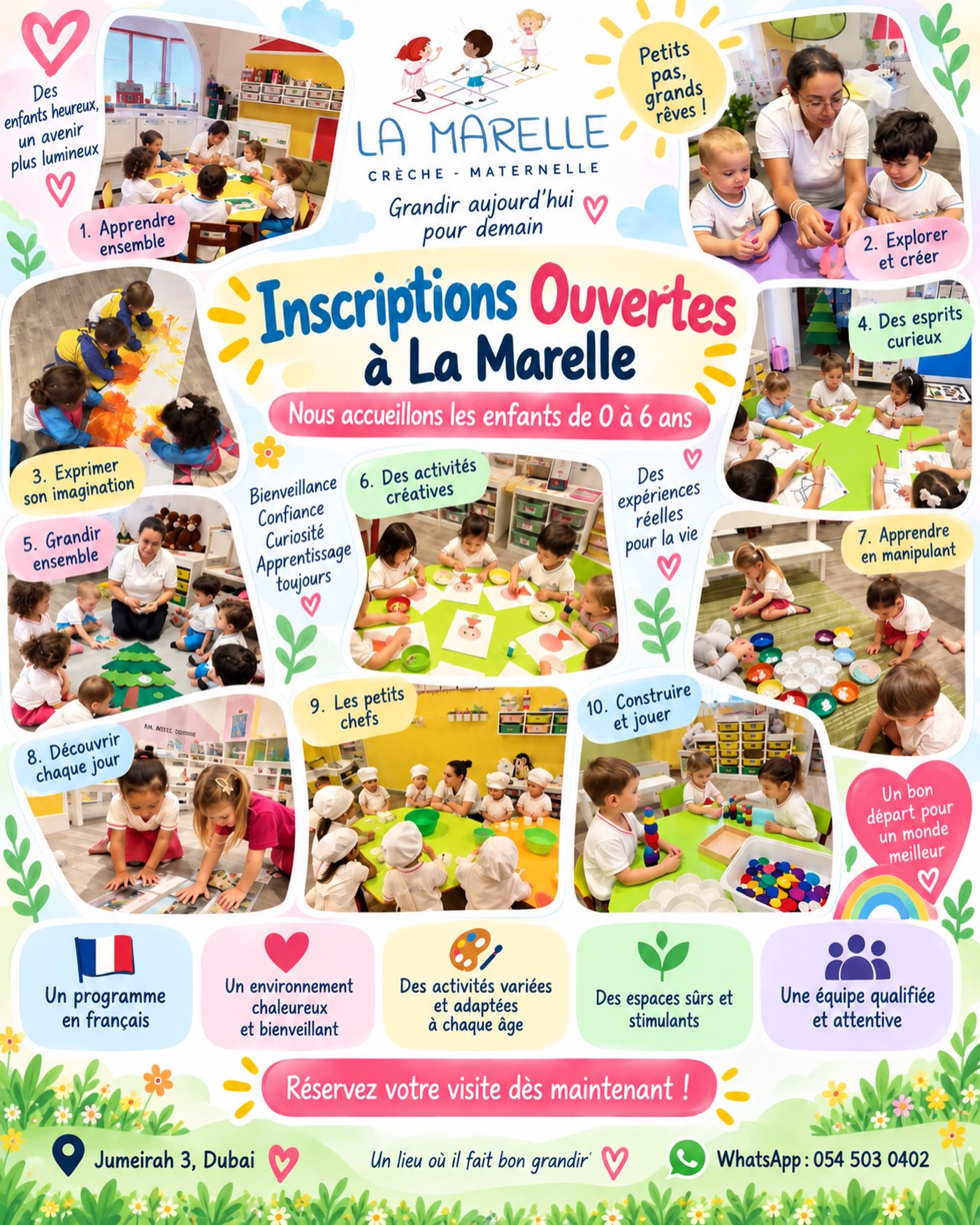 🌸 Les inscriptions sont ouvertes à La Marelle ! 🌸
À La Marelle Crèche – Maternelle, nous accueillons les enfants de 0 à 6 ans dans un environnement chaleureux, sécurisant et stimulant, où chaque enfant peut apprendre, explorer, créer et grandir à son rythme. 💛
✨ Programme en français
🎨 Activités créatives et adaptées à chaque âge
🌱 Éveil, autonomie et découvertes au quotidien
🤝 Équipe qualifiée, attentive et bienveillante
🏡 Espaces sûrs et stimulants
🌈 Des expériences concrètes pour apprendre en s’amusant
📍 Jumeirah 3, Dubai
📲 WhatsApp : 054 503 0402
Réservez votre visite dès maintenant !
De petits pas aujourd’hui pour de grands rêves demain. 🌸
#nurserydubai #frenchnurserydubai #jumeirahnursery #maternelledubai #dubaiparent