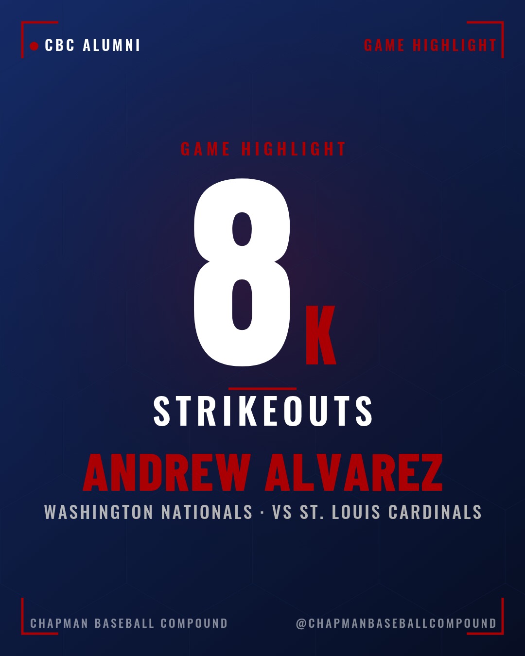 @_andrewalvarez_ tossed six shutout innings against the Cardinals on Saturday, scattering five hits and racking up eight K's for the Nationals. Kept St. Louis off balance all night and never let the traffic turn into runs. Some serious momentum going for Andrew!
#cbcmob #nationals #mlb #pitching