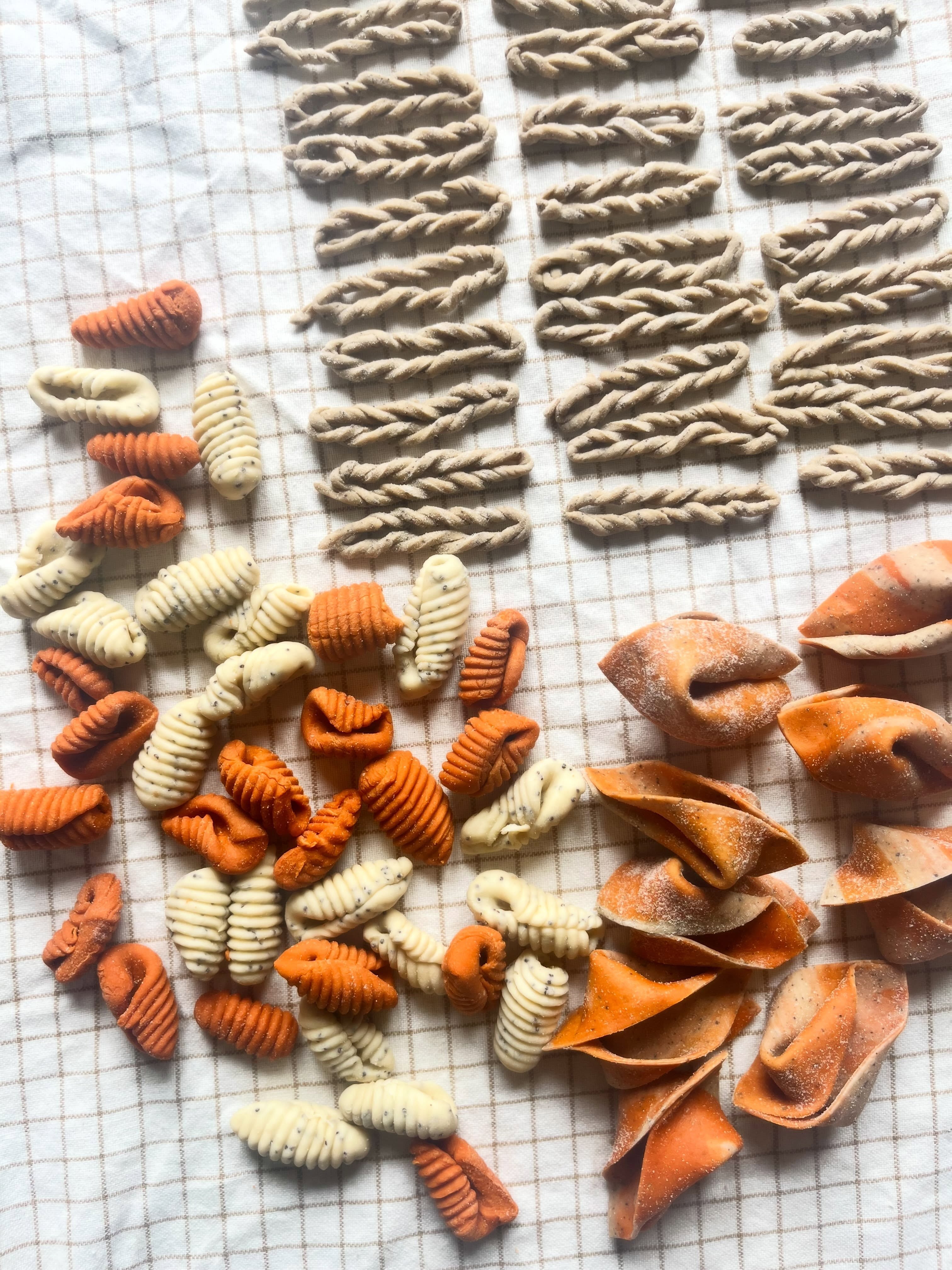 Weekend project inspiration: here’s some of the pasta I made recently, all made with semolina dough (recipe below). It’s soooo versatile so if you’re at all considering getting started making pasta, just knead up a portion of dough and get creative. I added some herbs to the dough here for color and texture but that’s seriously not needed (though if it excites you just go for it, there’s no extra effort involved as you just add those together with the flour and nothing else changes).
What you see here are:
(1) Gnocchi sardi: little dough balls dragged across the wooden gnocchi board with the pressure of my thimb
(2) Sopresine: semolina dough sheeted out, then cut into squares and the opposite ends pinched together
(3) Lorighittas: longer strands of semolina dough looped twice around the fingers, then twisted into@opposite directions
—> check out my reels for little videos to see more on the technique!
My semolina dough:
· 300g semolina flour
· 150g lukewarm water
Make a well in the semolina, add the water to the center, and whisk with a fork until it thickens to a custard-like consistency. Then work in the remaining flour. Knead for up to 10 minutes — a brief rest after 5 minutes helps — then wrap in a lightly moistened towel and let it rest for at least 30 minutes before shaping.
#handmadepasta #homemadepasta #weekendproject #semolinadough #semolinapasta