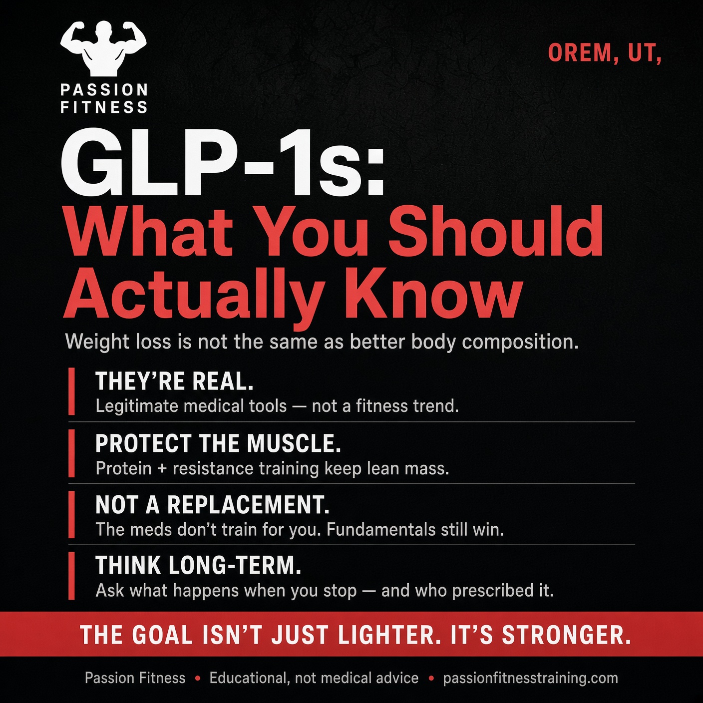 GLP-1s are everywhere.
Some people call them a game changer.
Others call them the easy way out.
Neither take is the whole story.
They’re real medical tools. They can produce significant weight loss and real health benefits for the right person.
What gets missed:
Losing weight is not the same as improving body composition.
If you’re dropping 30, 40, or 50 pounds, I care about more than the scale.
How much muscle did you keep?
How much strength did you keep?
Are you eating enough protein?
Are you still lifting?
The medication can help with appetite.
It does not train for you.
Protein. Resistance training. Adequate nutrition. Consistency. That’s still the work.
Also talk with a qualified provider about side effects, what happens if you stop, and whether you’re getting a legitimate prescription... not something unapproved or improperly compounded.
The goal isn’t just to weight loss.
It’s to be healthier, stronger, and more capable.
If you’ve been thinking about getting back in the gym: enroll in a new 16-week program with me and your first month is free. Mention this post when you reach out.
Passion Fitness • Orem
#PassionFitness #OremFitness #UtahCountyFitness #GLP1 #BodyComposition #StrengthTraining #Protein #PersonalTrainerOrem #WeeklyShift