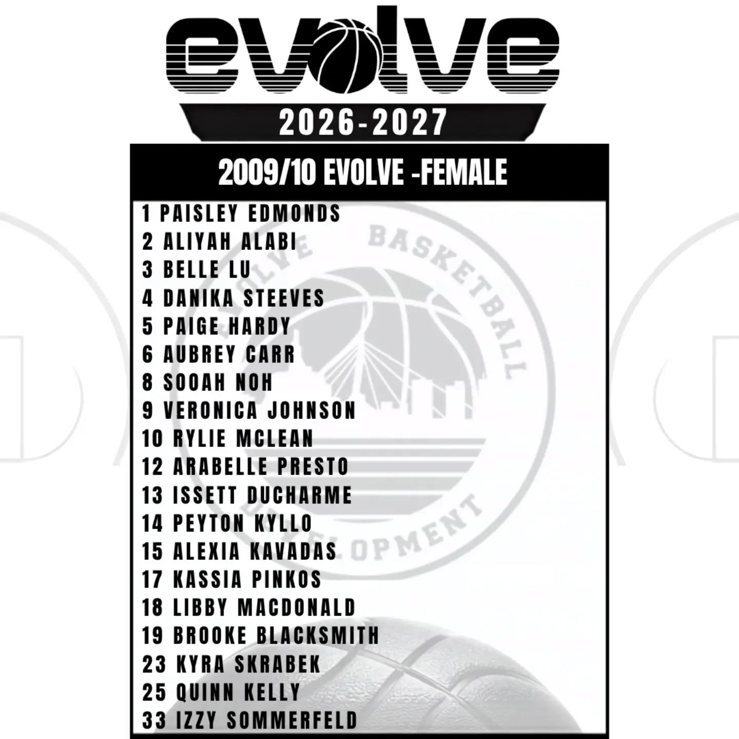 2026/27 - 2009/10 Evolve - Female
Coached by Victor Lee, Katrina Rogan, Eric Sung and Paul Fust
