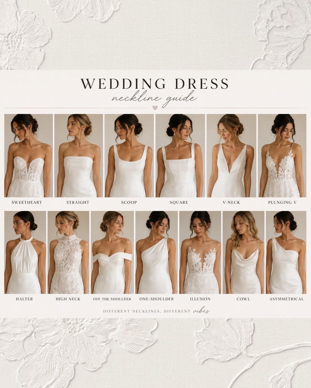 Finding the perfect neckline can completely change the way a dress looks and feels on you 🤍
From sweetheart to scoop, halter to V-neck, there are so many styles to choose from and the perfect one for you might just surprise you!
#ivoryandblushbride #weddinginspiration #bridalfashion #necklinedress