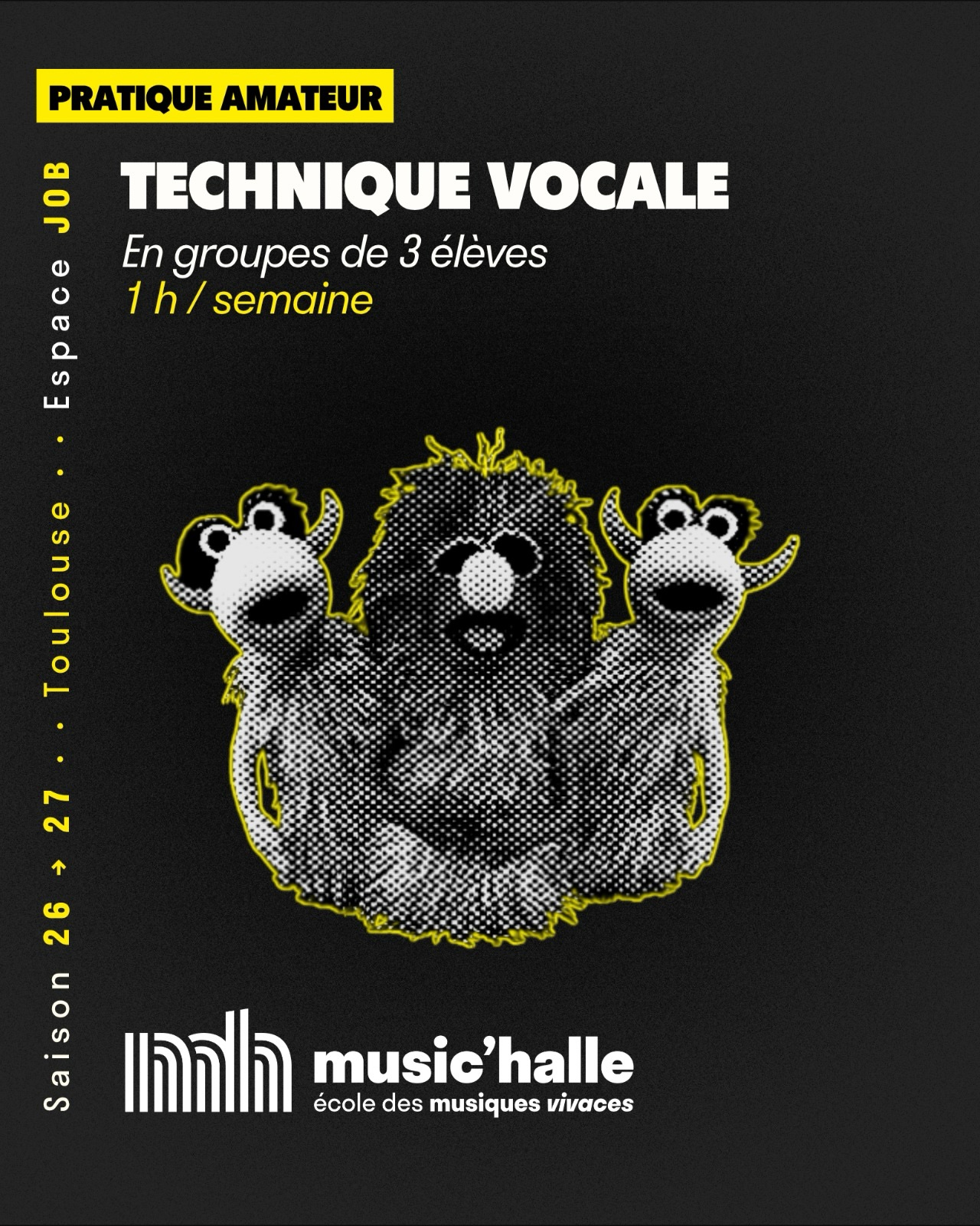 Il reste des places en technique vocale 🎙️
Que vous débutiez ou que vous chantiez déjà depuis un moment, plusieurs groupes cherchent encore leurs voix pour cette rentrée.
1 h par semaine · 3 élèves · groupes par niveau
Les créneaux encore disponibles sont dans le carrousel →
Et si vous ne savez pas à quel niveau vous situer, on vous aide à trouver le groupe adapté.
Pour connaître les disponibilités et vous inscrire :
☎️ 05 61 21 12 25
✉️ accueil@music-halle.com
📍 Music’Halle · Espace JOB · Toulouse
Les disponibilités évoluent au fil des inscriptions.