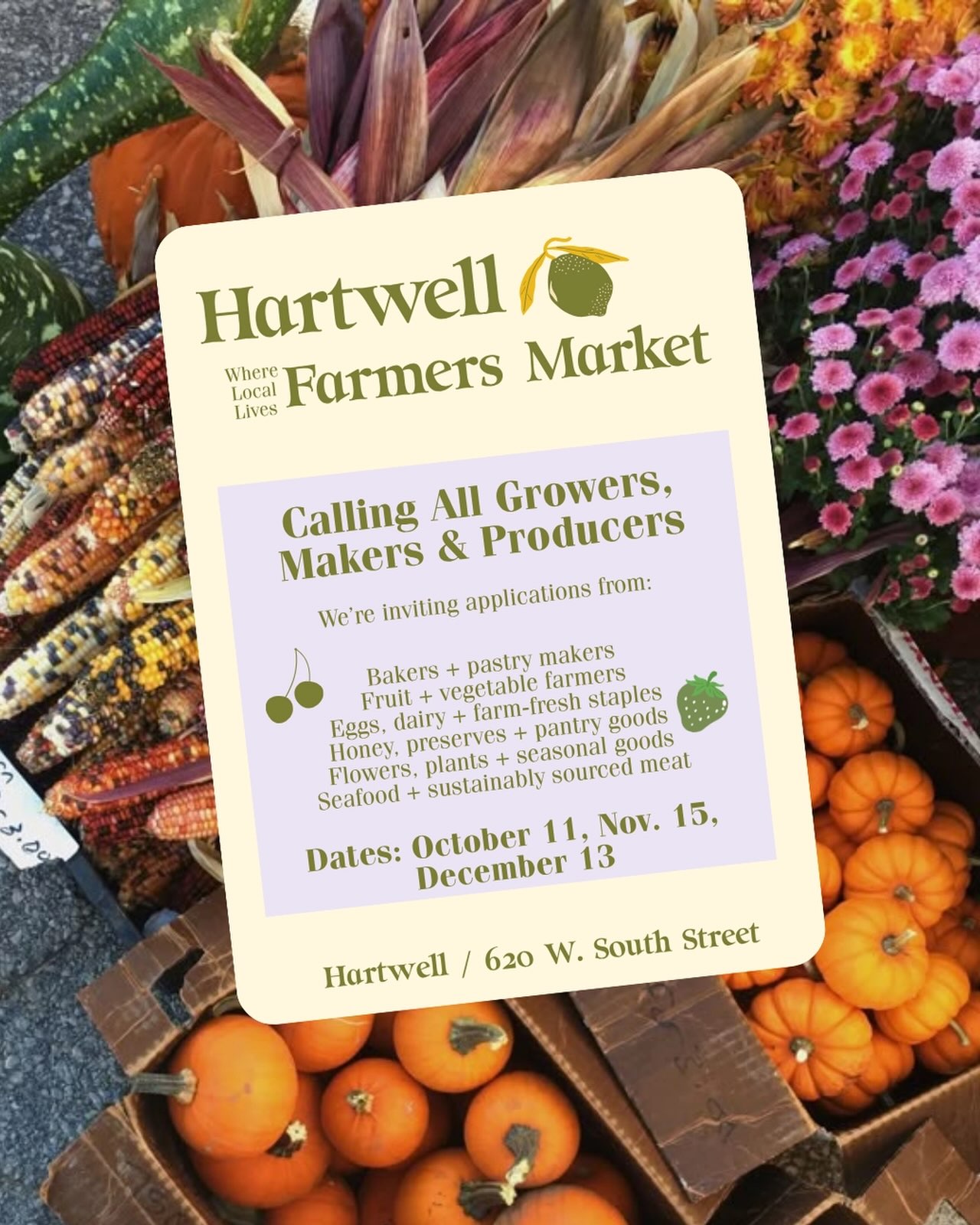 Farmer’s markets are back at Hartwell! 🍂🍁🍃 We’re looking for farmers, makers and artisans of all kinds to join us! Application link is in our bio! Tag who you want to see!
Application link in our bio.
Dates:
10/11
11/15
12/13
10-2pm