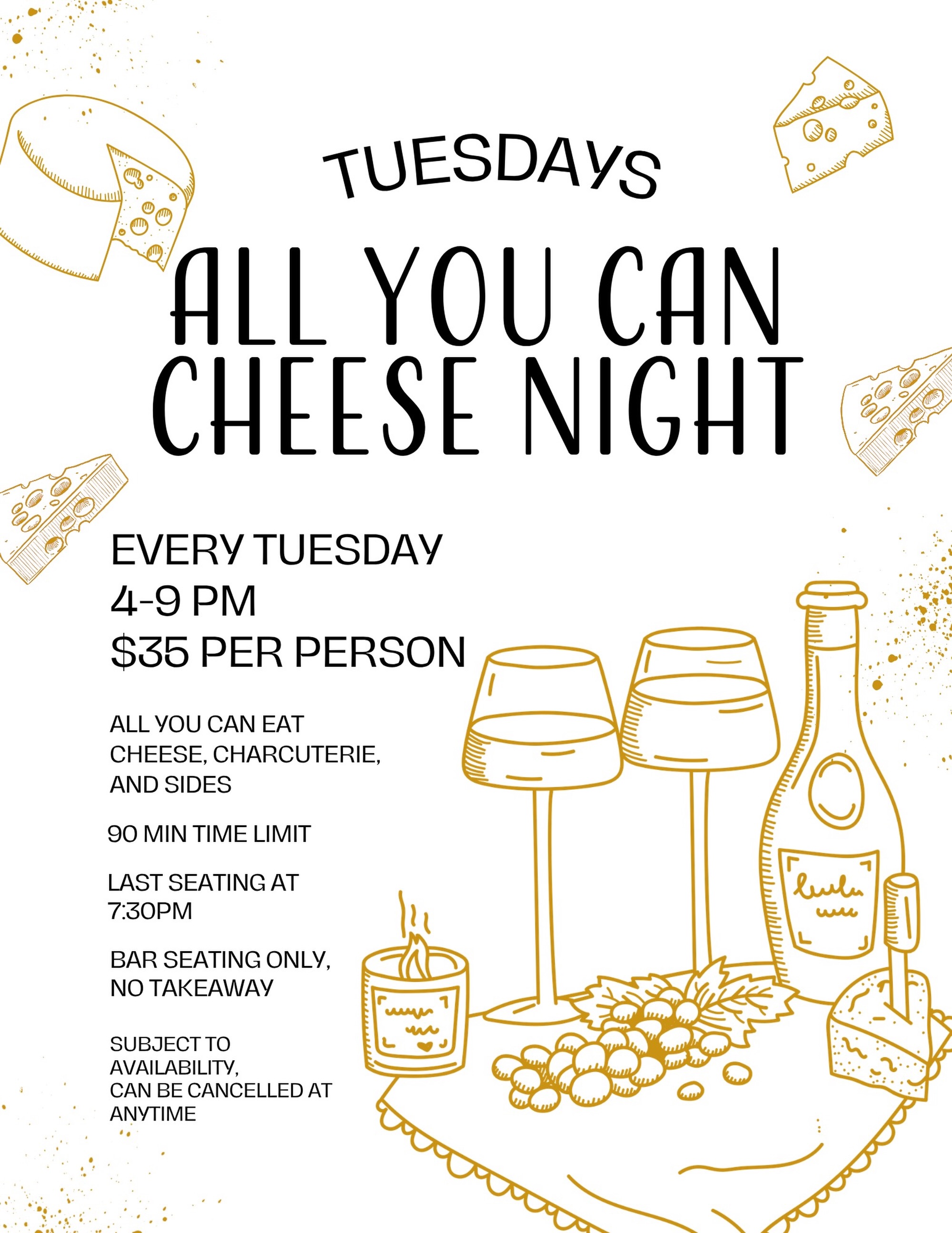 🧀 STARTING TOMORROW: Tuesdays just got a whole lot cheesier!
Introducing All You Can Cheese Night at Pique-Nique! 🍷✨ Come hungry and enjoy all-you-can-eat cheese, charcuterie & sides for just $35 per person!
📅 Starting tomorrow & every Tuesday
⏰ 4–9 PM | Last seating at 7:30 PM
🧀 $35 per person
⏱️ 90-minute dining limit
🍷 Bar seating only | No takeaway
Subject to availability and may be cancelled at any time.
Tag your cheese-loving crew and join us for our first All You Can Cheese Night tomorrow! 🧀🥂