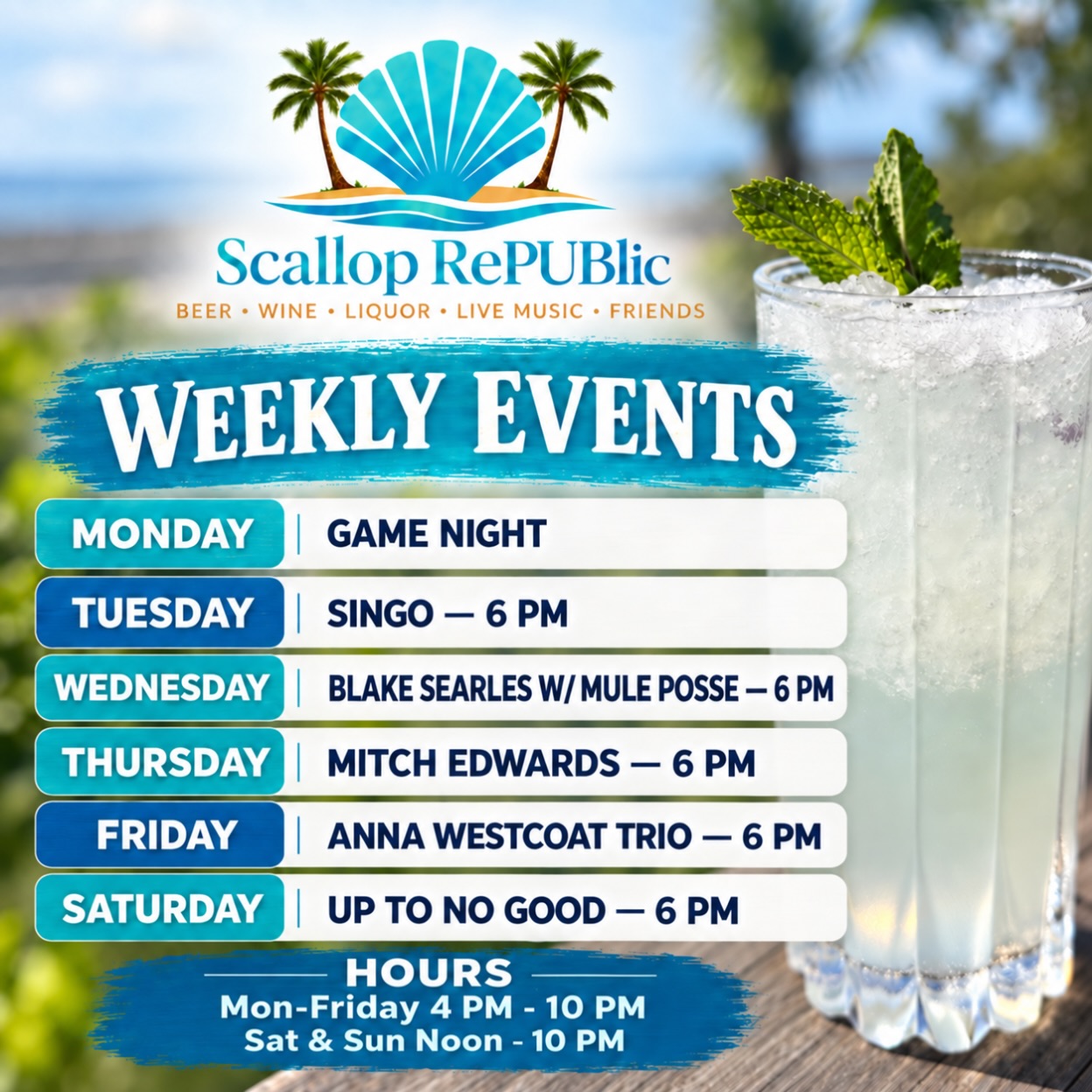 Your week at Scallop RePUBlic is looking pretty good.
Monday — Game Night
Tuesday — Singo at 6 PM
Thursday — Mitch Edwards at 6 PM
Friday — Anna Westcoat Trio at 6 PM
Saturday — Up To No Good at 6 PM
And don’t forget our hours:
Mon–Fri: 4 PM–10 PM
Sat & Sun: Noon–10 PM
Come hang out with us for good drinks, live music, fun nights, and the best bay views around