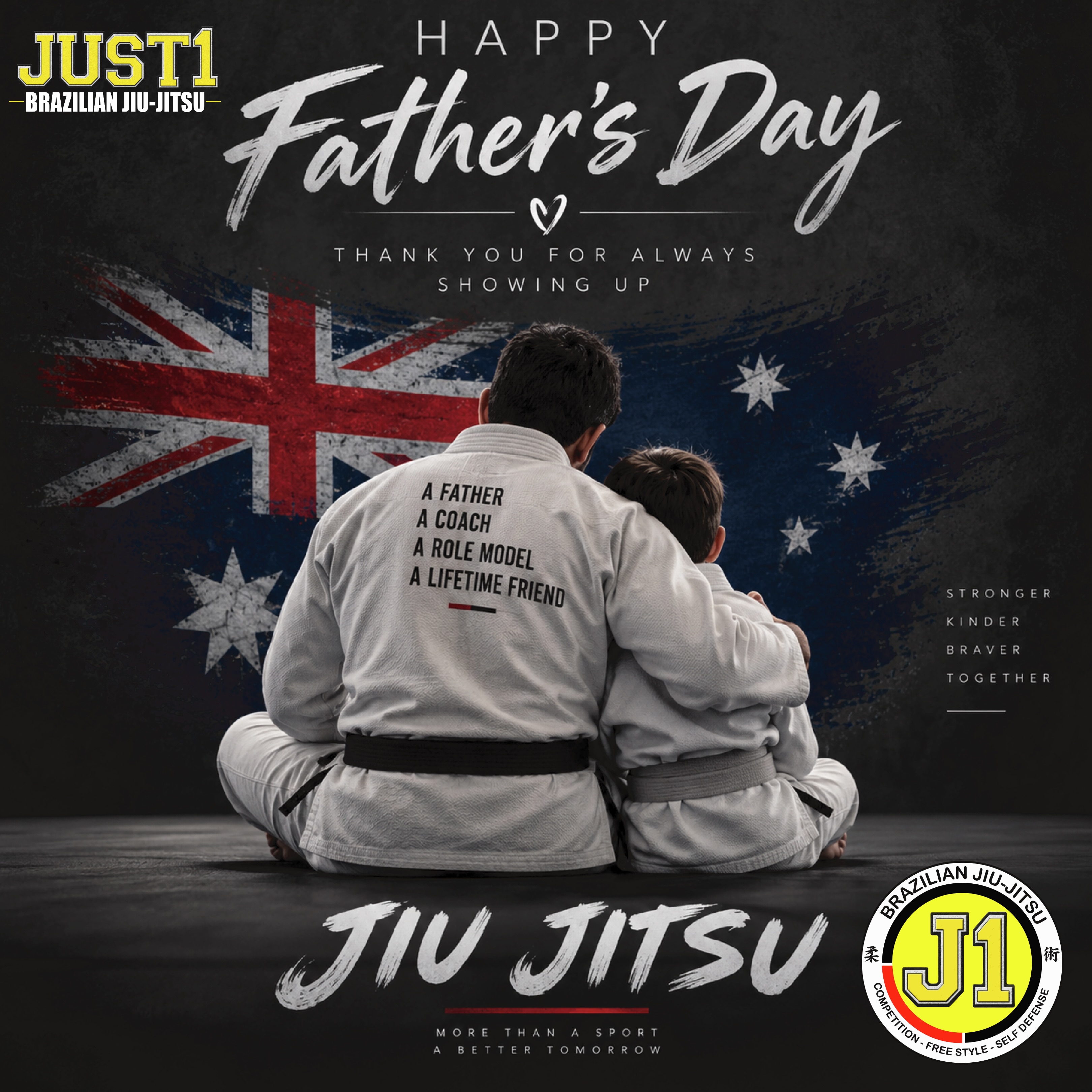 ❤️ HAPPY FATHER’S DAY! ❤️
Today we celebrate all the amazing fathers who lead by example, protect their families, teach important values and create memories that last a lifetime.
A father can be many things…
🥋 A coach
💪 A role model
❤️ A lifelong friend
👊 A hero in the eyes of his children
At JUST1 Brazilian Jiu-Jitsu, we are proud to see fathers and children growing, learning and training together. Because the lessons we share on the mats go far beyond Jiu-Jitsu, they help build stronger, kinder and braver people for tomorrow.
Thank you to all the fathers who always show up. ❤️
🥋 Jiu-Jitsu: More Than a Sport, A Better Tomorrow.
Happy Father’s Day from the JUST1 BJJ Family! 💛🩶🇦🇺
#HappyFathersDay #FathersDay #Just1BJJ #BrazilianJiuJitsu #BJJFamily FatherAndSon FatherAndDaughter JiuJitsuLife RoleModel StrongerKinderBraver MoreThanASport ABetterTomorrow Just1Family