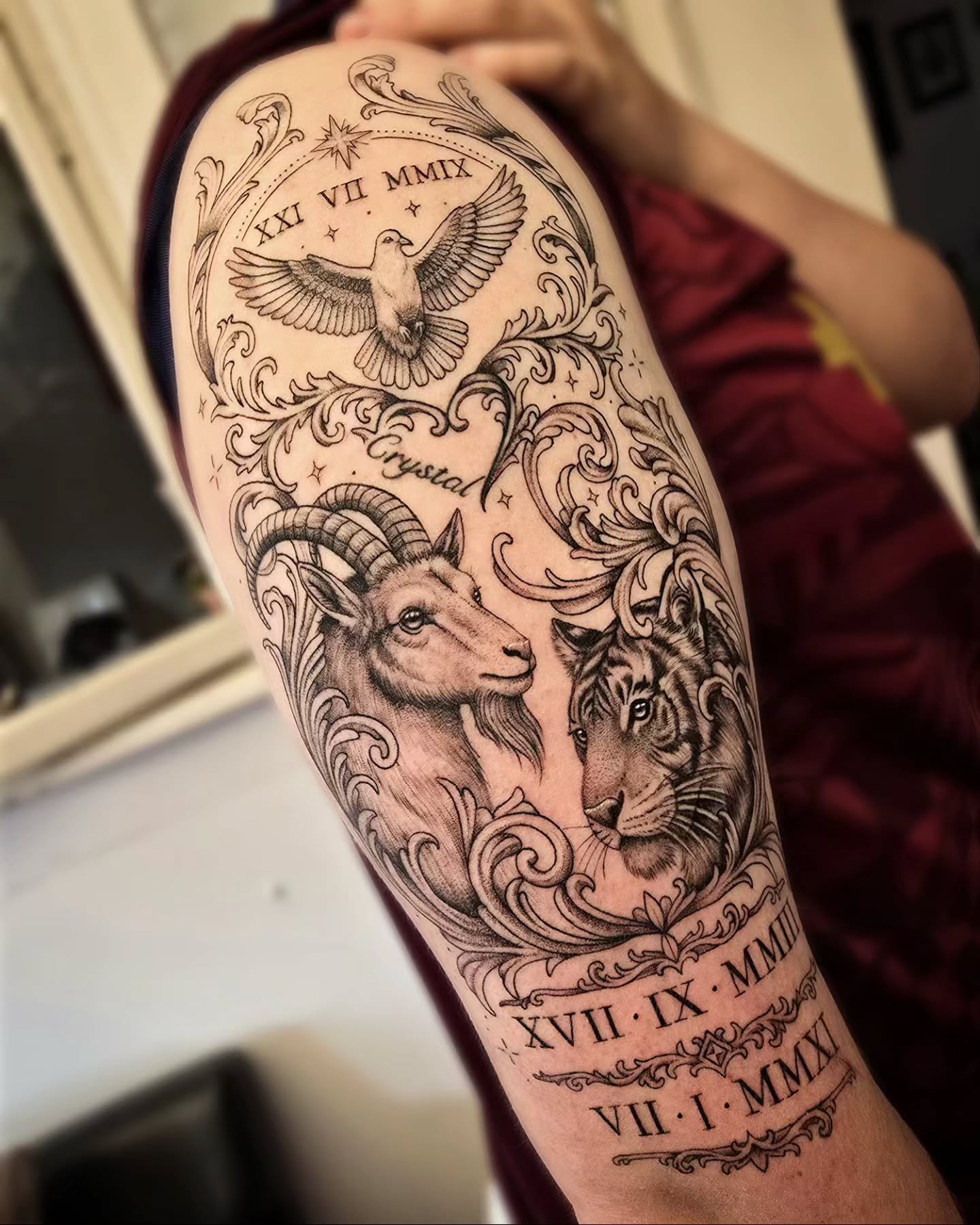 This was an interesting one! The client came to me with an image he made with AI, so I used this as inspiration to create a new design and made sure it would fit the placement better. He already had 'Crystal' tattooed with a heart to incorporate into this new tattoo. Really enjoyed this project, this image is partially fresh/healed π
.
.
.
#tattoo #art #zodiac #animal #family