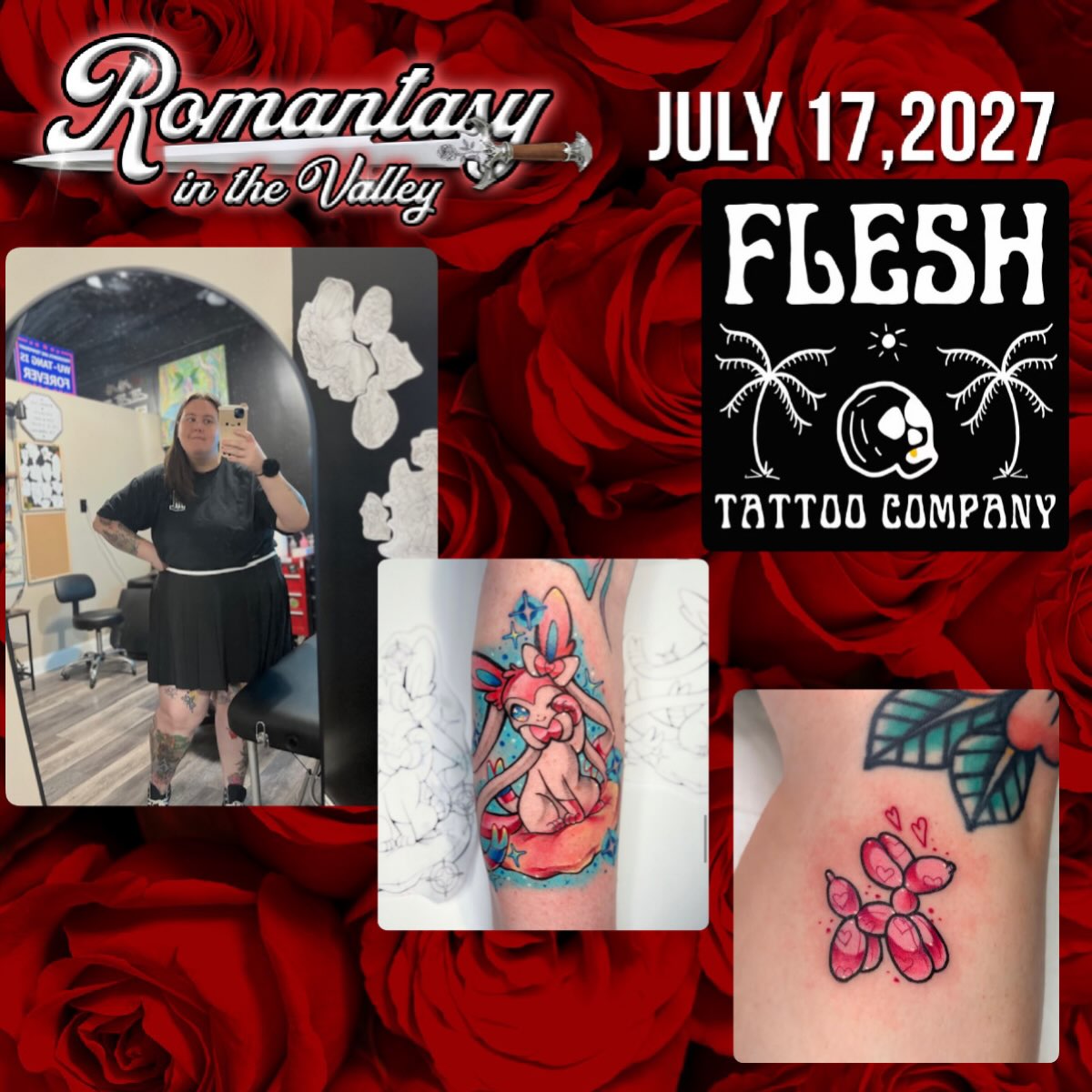 We are so excited to be announcing our lineup for RITV27! Today we continue announcing a vendor lineup we are *SO* proud of!
We kept justin busy last year and asked him to bring friends with him! He delivered! FLESH TATTOO COMPANY is sending a few other talented artists to join the party. Welcome Constance Roberts! Please stay tuned as more info on pricing and flash sheets will be available as we get closer to the event <3
Hello! My name is Constance; I’ve been tattooing 3 years and drawing since I was 8 years old. Color is my specialty and I love doing bold, bright and sparkly and glittery tattoos! I excel in kawaii/cutesy, neotraditional, and illustrative work. However I am multi-faceted and I’m also strong in fine line and stippled black and grey work.
7/17/27
BOUMI SHRINERS WHITE MARSH MD
TICKETS ON SALE 10/1/26 only $15
#ritv27 #romantasy #romantasyinthevalley #bookcon #fleshtattoocompany