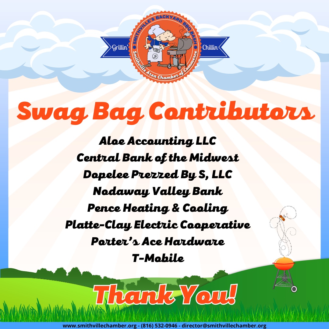 A big thank-you to the local businesses that contributed items for this year’s Smithville Backyard BBQ Bash competitor swag bags! Your generosity helps us give our BBQ teams a warm Smithville welcome. 👏
- Aloe Accounting LLC
- Central Bank of the Midwest
- Dopelee Prezzed By S, LLC
- Nodaway Valley Bank
- Pence Heating & Cooling
- Platte-Clay Electric Cooperative
- Porter’s Ace Hardware
- T-Mobile
We appreciate your support and can’t wait to see everyone downtown this Saturday! 🍔🔥