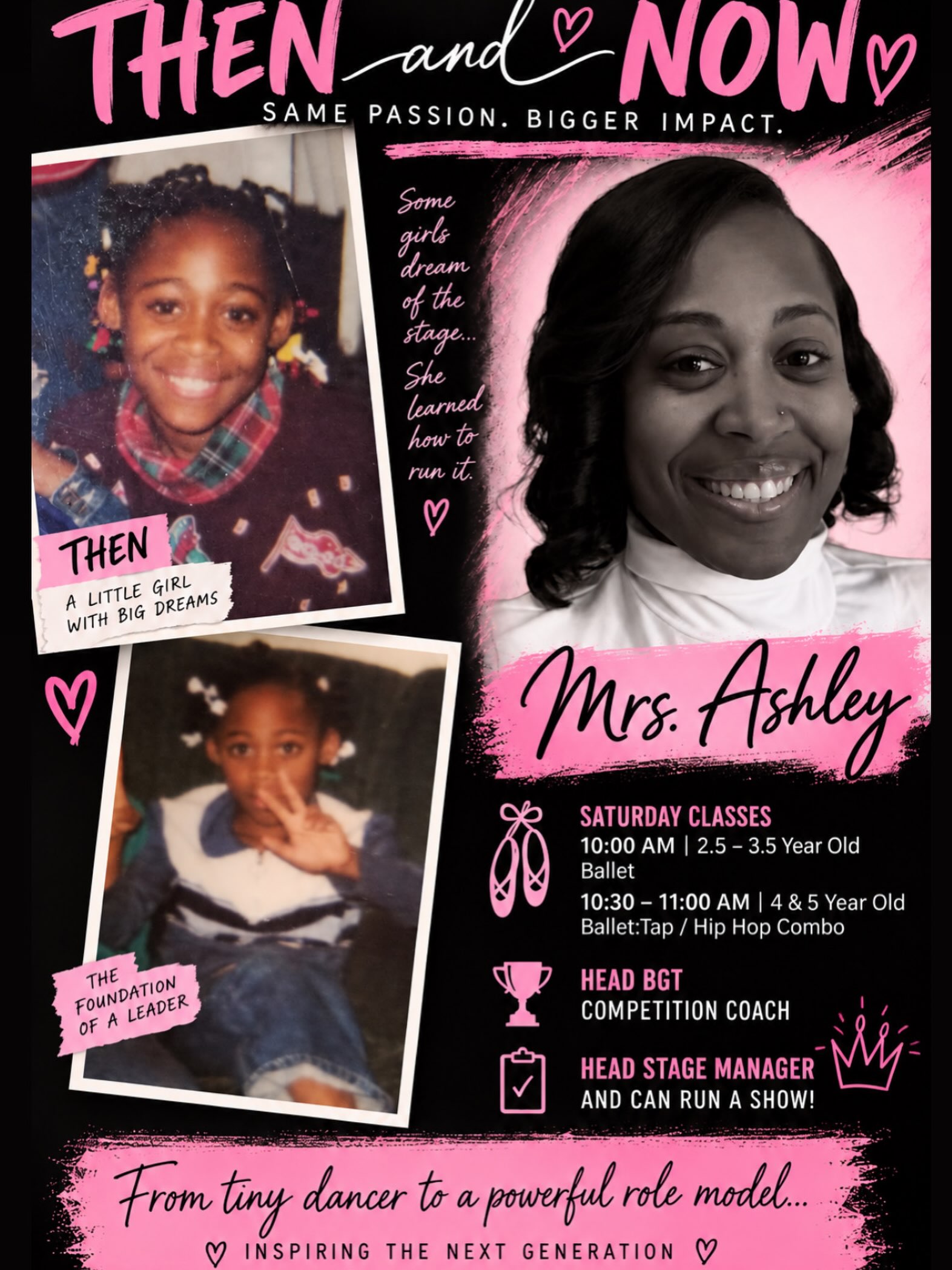 Saturdays are for dancing with Mrs. Ashley! π
Give your little dancer a Saturday morning filled with movement, confidence, fun, and a teacher who truly knows how to help young dancers grow.
π©° 10:00 AM β Ballet | Ages 2.5β3.5
π 10:30β11:00 AM β Ballet/Tap/Hip Hop Combo | Ages 4β5
From being a little dancer herself to now teaching and inspiring the next generation, Mrs. Ashley is ready to welcome your dancer to the Pink Palace!
β¨ Saturday spots are available β register today!