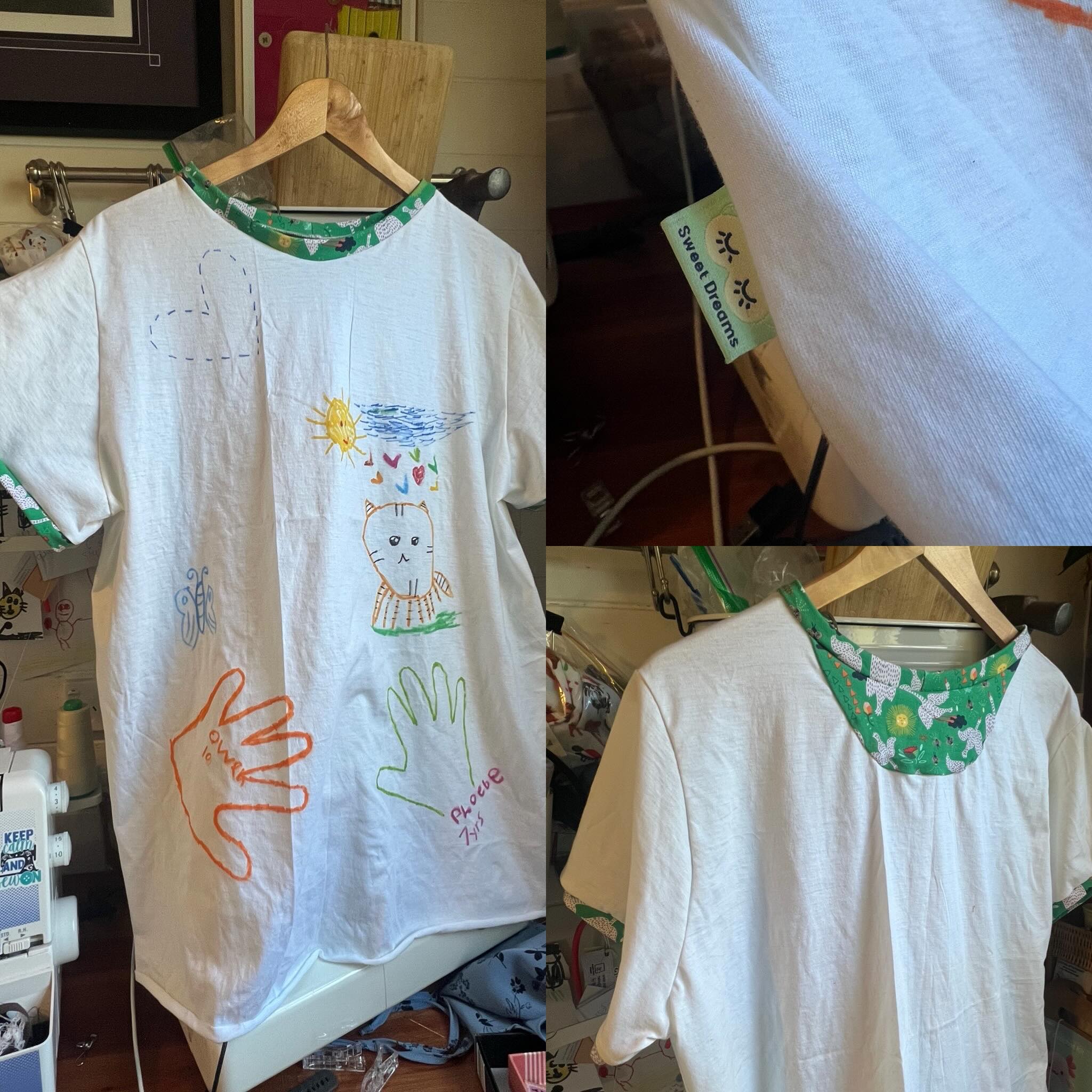 Happy Days to all those celebrating
I try to handmake gifts, and this is such a fun project for the kids to add their creative touch on.
I thrift fabric and pop it in my stash, you never know when you will need it!!
A bed T covered in love!!