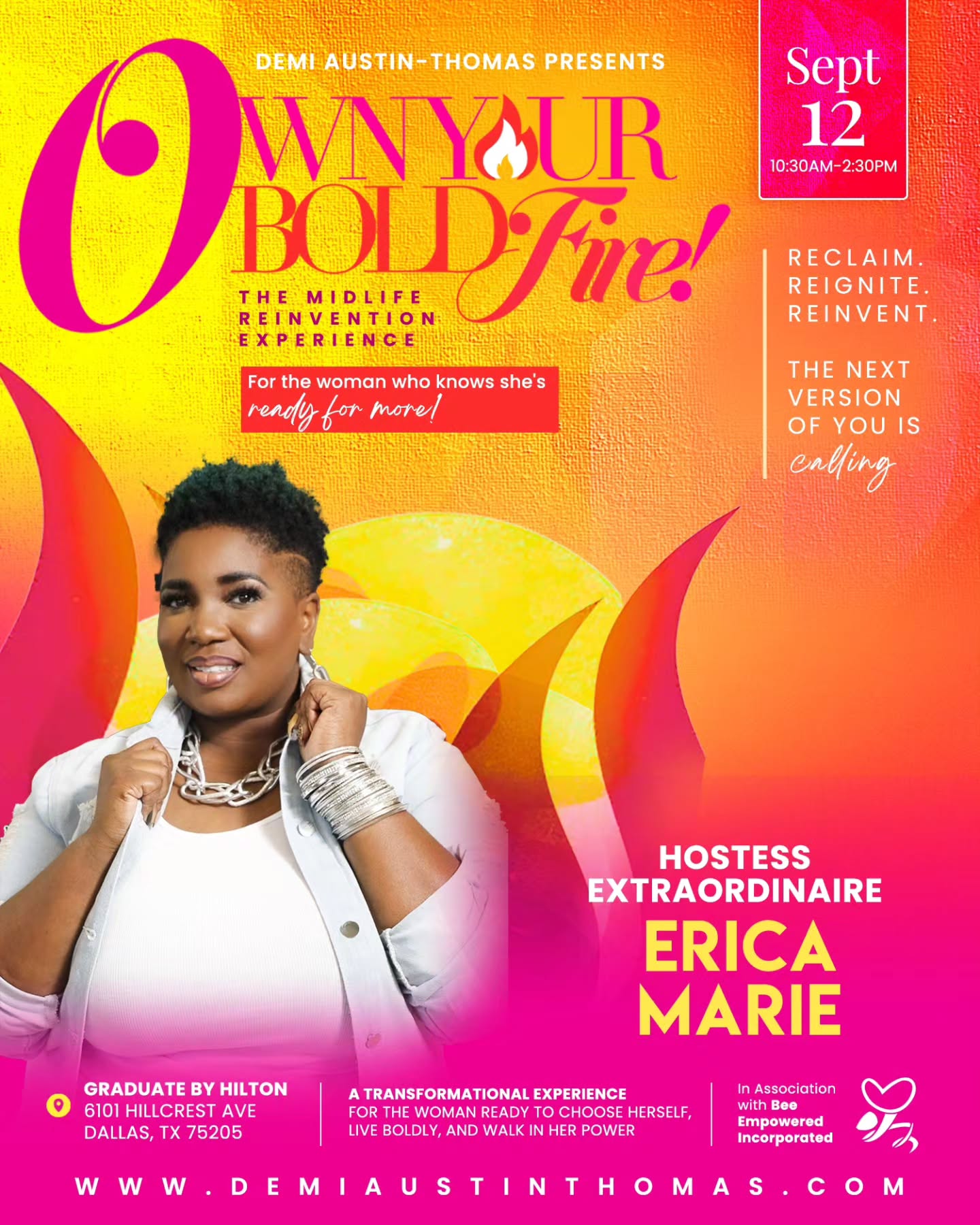 We had to bring her back. 🔥
If you’ve ever experienced Erica Marie, then you already know—she doesn’t just host a room. She CONNECTS with it.
She’s warm, funny, incredibly relatable—and most importantly, she’s one of us. A woman navigating midlife in real time.
And while many know Erica as a talented hairstylist, we all know what happens in that chair. 😂❤️ Sometimes the hairstylist becomes the therapist, confidante, encourager and keeper of ALL the stories.
For years, women have trusted Erica with more than their hair. They’ve shared their lives, relationships, transitions, heartbreaks, wins and dreams—and she has an incredible gift for making women feel seen, heard and completely at ease.
That’s exactly why she belongs in this room.
The conversations we’re having at Own Your Bold Fire: The Midlife Reinvention Experience are conversations Erica can genuinely relate to.
So yes… we absolutely had to bring her back. ❤️🔥
We’re incredibly honored to have Erica Marie as our extraordinary host on September 12th!
📍 Graduate Dallas
📅 September 12 | 10:30 AM–2:30 PM
#OwnYourBoldFire #MidlifeReinvention #MidlifeWomen #DallasWomen