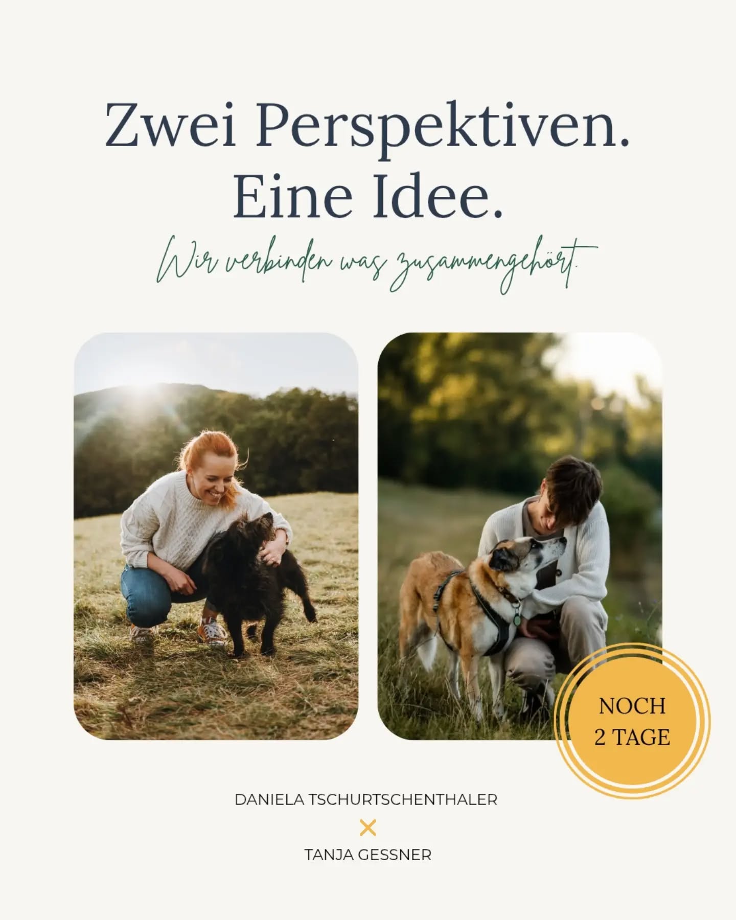Was passiert, wenn zwei Menschen mit unterschiedlichen Perspektiven aufeinandertreffen – und feststellen, dass sie für dasselbe brennen?
Zwei unterschiedliche Perspektiven.
Zwei unterschiedliche Fachbereiche.
Und doch eine gemeinsame Überzeugung:
Dass ein gutes Miteinander dort beginnt, wo wir versuchen, einander wirklich zu verstehen.
Tanja und ich haben uns genau darüber gefunden. Über unsere Arbeit, unsere Erfahrungen und die gemeinsame Frage, wie wir Mensch und Hund noch besser zusammenbringen können.
Aus vielen Gesprächen, Ideen und einem kleinen „Das müssten wir eigentlich mal gemeinsam machen …“ ist inzwischen etwas Konkretes geworden.
Und wir freuen uns riesig, euch bald mehr davon zu erzählen.
Am Dienstag ist es soweit.
Dann verraten wir euch, was wir gemeinsam geplant haben und warum wir glauben, dass dieses Thema so wichtig ist.
Bis dahin bleibt noch ein kleines bisschen Raum für Neugier. 😉
Zwei Perspektiven. Eine Idee.
Wir verbinden, was zusammengehört.