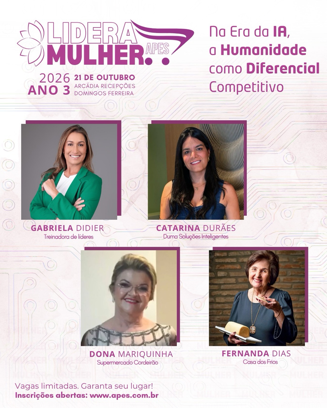 🪷 Lidera Mulher APES 2026
📅 21 de outubro
🎯 Tema: Na Era da IA, a Humanidade como Diferencial Competitivo
🎟️ Inscrições abertas | Vagas limitadas
🌐 Inscrições pelo site da APES
📍 Arcádia Domingos Ferreira
⏰ Das 13h às 19h
🚨 evento restrito às mulheres que fazem parte da cadeia do abastecimento.