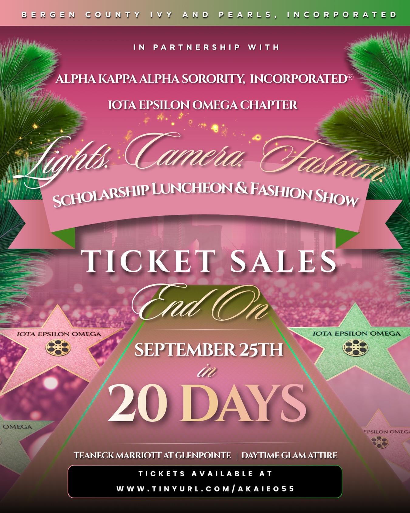 Bergen County Ivy & Pearls, Incorporated in partnership with Alpha Kappa Alpha Sorority, Incorporated® Iota Epsilon Omega Chapter invites you to a Hollywood Glam affair, a Fashion Show & Scholarship Luncheon in celebration of 55 years!!💗💚✨✨
“Lights, Camera, Fashion for Scholarship & Service”
Let the countdown begin! There are 20 days left to get your tickets by September 25th!!
📆: Saturday, October 10th, 2026
📍: Teaneck Marriott at GlenPointe (Teaneck, New Jersey)
⏰: 11am to 3pm
💲: $160 per person
Go to the link in our bio to get your tickets in support of our continued mission of celebrating community, service, and scholarship.
See you in October!💗💚✨