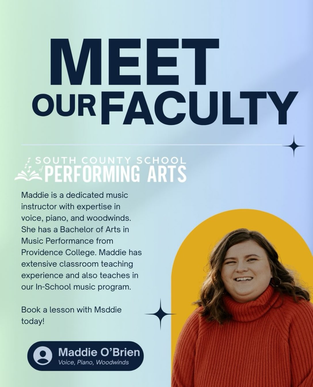 Meet our new faculty member, Maddie OβBrien. Maddie has open availability for piano, voice, and woodwind lessons on Wednesdays. Text us at 401-267-2079 to book a trial lesson today! Or check out our website: https://www.scschoolofperformingarts.com/