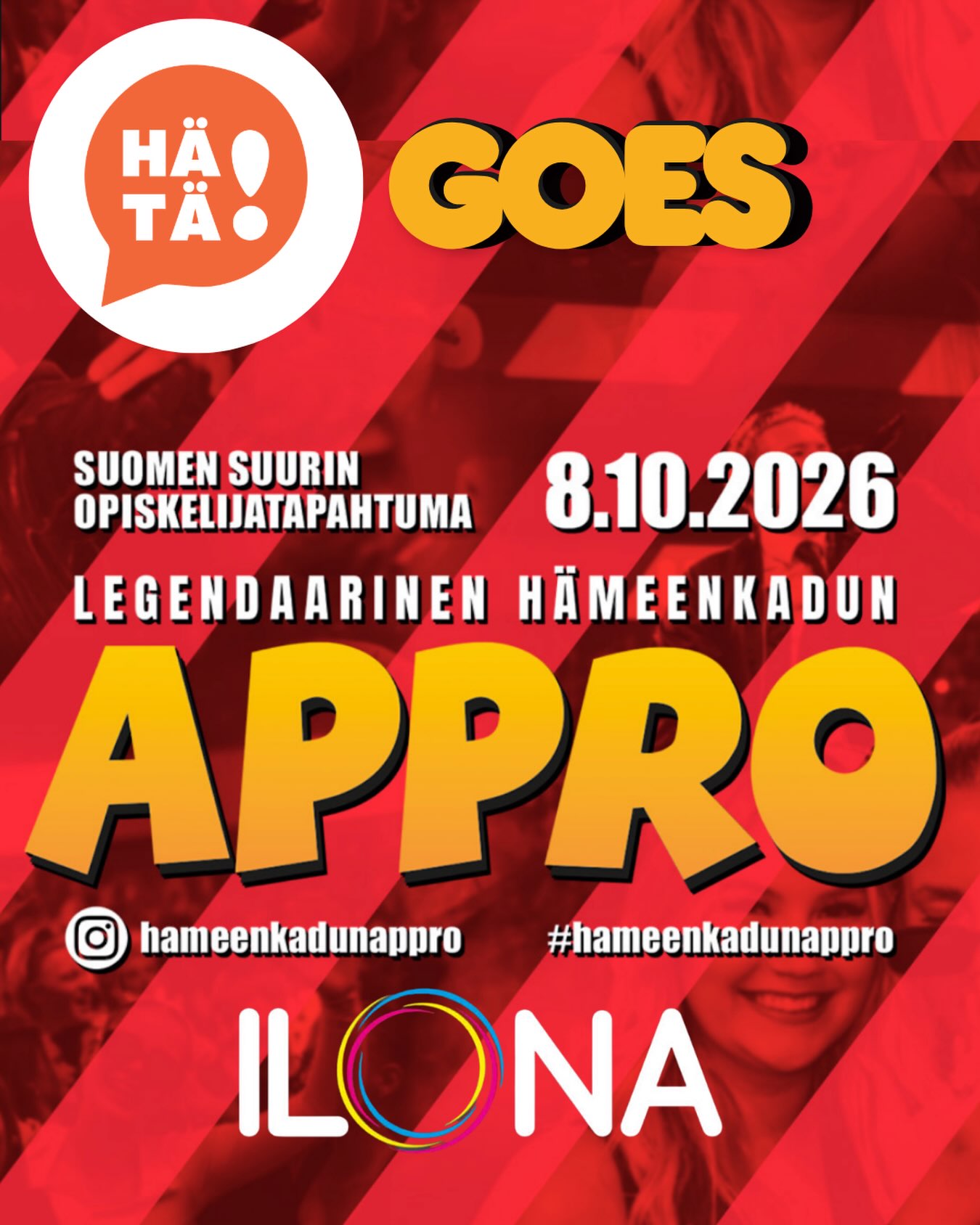 HÄTÄ suuntaa kohti Tamperetta ja Hämeenkadun approja! 🥳
Pakkaa kimpsut sekä kampsut ja lähde mukaan 8.10 suomen suurimpaan opiskelijatapahtumaan yhdessä 13 000 muun opiskelijan kanssa! Tampereen kadut täyttyvät erivärisistä haalareista, kun me opiskelijat jalkaudumme hämeenkadun sekä keskustan ympäristöön suorittamaan legendaarisia approja ja tavoittelemaan tutkintoja Approbaturista Emeritukseen 🤪
Huom! HÄTÄ ry:n lipunmyyti on tarkoitettu VAIN HÄTÄ ry:n musta- ja kulta-jäsenille. Tämä tarkistetaan lippuja lunastaessa.
Kierroksen päätteeksi suuntaamme Ilonaan, missä esiintyy Ahti 😍
🎟️ Lipun hinta on 30€ + Kide.app palvelumaksu. Liput tulevat myyntiin 8.9 klo 10
🎟️ Lipun hintaan sisältyy approkierros, tutkintomerkki ja jatkot!
🎟️ Lippujen nouto tapahtuu toimistolta, ilmoitamme ajankohdan instagramissa @hatary_official 🙌🏻
Lisätietoa tapahtumasta löytyy: @hameenkadunappro
HÄTÄ is heading to Tampere and Hämeenkatu Appro! 🥳
Pack your bags and join us on October 8th for Finland’s biggest student event, together with 13,000 other students! The streets of Tampere will be filled with colourful student overalls as we take over Hämeenkatu and the city centre to complete the legendary Appro crawl and work our way towards academic degrees ranging from Approbatur to Emeritus 🤪
Please note! Ticket sales through HÄTÄ ry are ONLY available to HÄTÄ ry’s Black and Gold members. This will be checked when collecting your ticket.
After completing the Appro, we’ll head to Ilona, where Ahti will be performing! 😍
🎟️ Ticket price: €30 + Kide.app service fee. Tickets go on sale 8.9 10 am.
🎟️ The ticket includes: the Appro crawl, the degree badge, and the afterparty!
🎟️ Ticket collection: Tickets can be picked up from the office, we will inform about this at the instagram @hatary_official
More information about the event: @hameenkadunappro