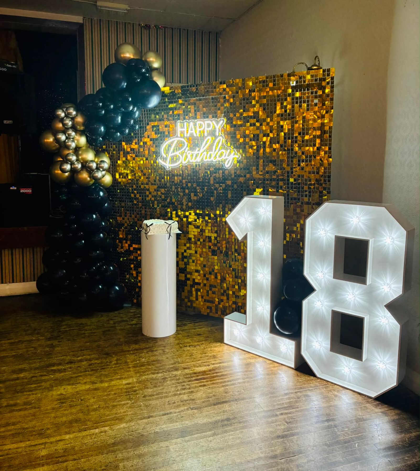 Sequin wall package with @sallysevents24 book yours today, includes sequin wall ( 20 colours to choose from) two light up numbers, neon sign, cake plinth and balloon garland.