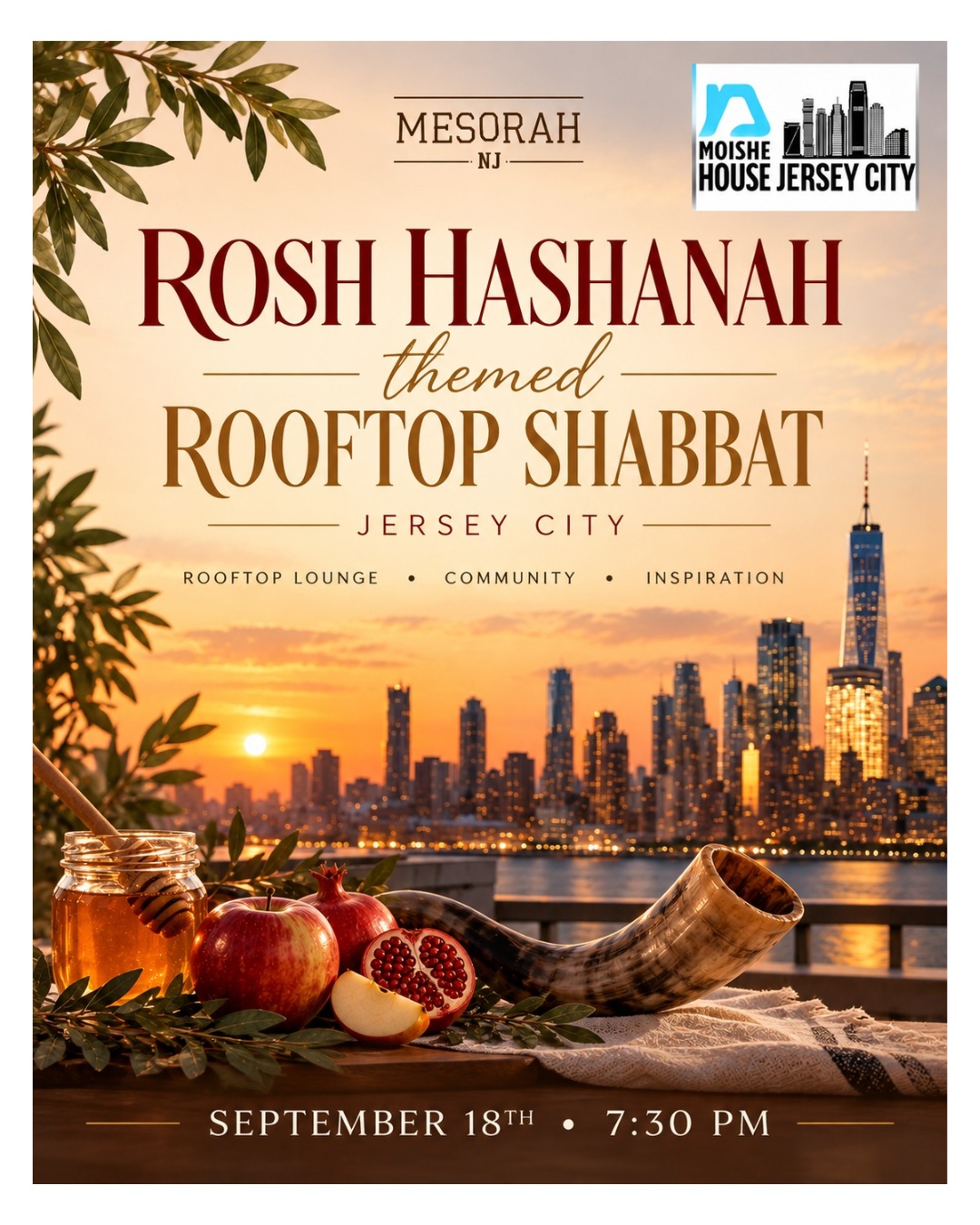 ๐๐ฏ Rosh Hashanah is coming to the rooftop! ๐
Join Mesorah NJ x Moishe House Jersey City for a Rosh Hashanah-themed Rooftop Shabbat overlooking the NYC skyline!
Link in bio!