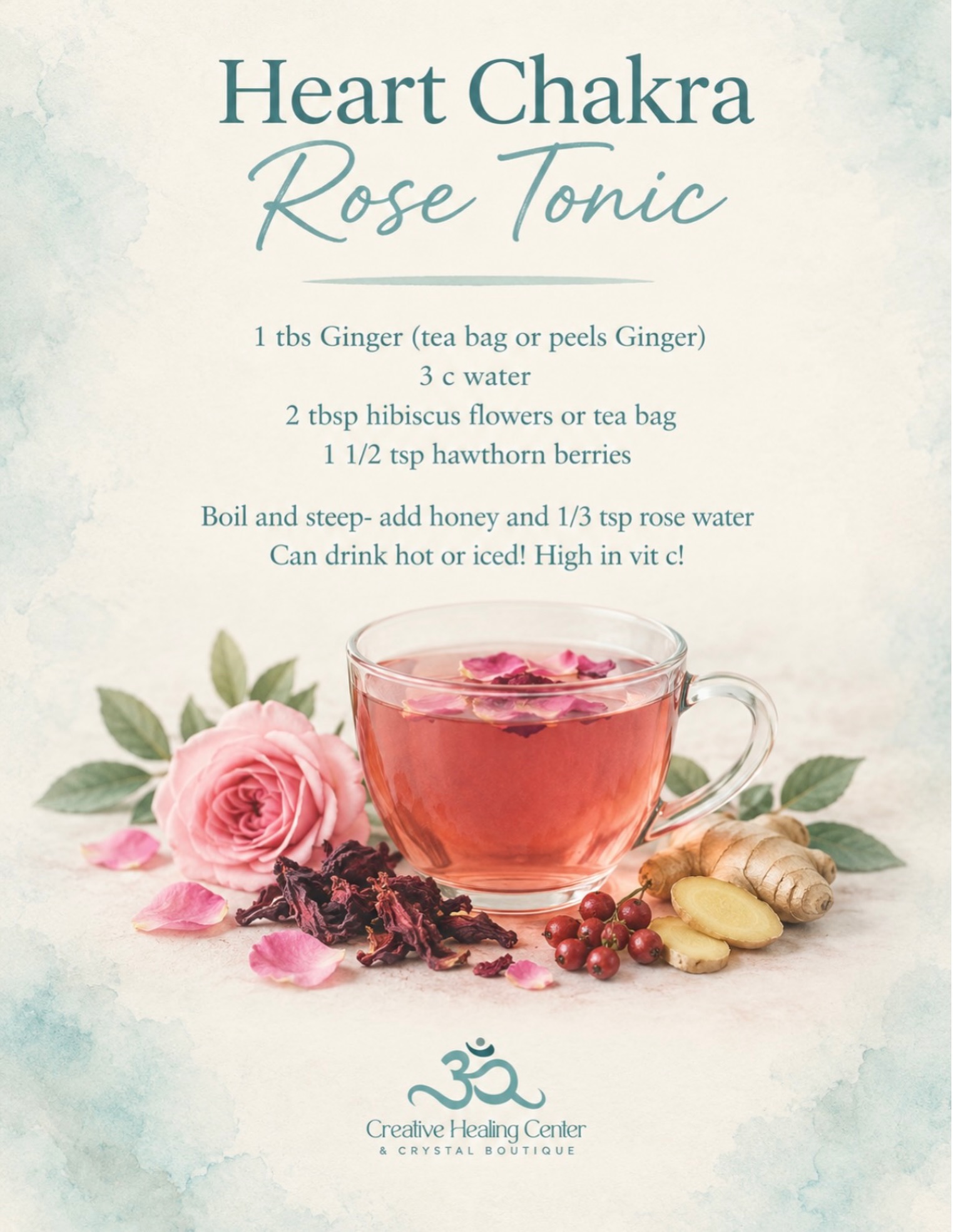 Heart Chakra Rose Tonic
A beautiful, soothing blend created to invite a little more love, warmth, and heart-centered nourishment into your day.
✨ You’ll need:
• 1 tbsp ginger — tea bag or fresh ginger peels
• 3 cups water
• 2 tbsp hibiscus flowers or 1 hibiscus tea bag
• 1½ tsp hawthorn berries
• Honey, to taste
• ⅓ tsp rose water
🌿 To prepare:
Boil the ginger, hibiscus, and hawthorn berries, then allow to steep. Strain and add honey and rose water.
Enjoy it hot or iced!
A little reminder to slow down, breathe deeply, and make space for your heart.
Sip. Soften. Open. Receive. 💗
#HeartChakra #RoseTonic #CreativeHealingCenter #Chakra