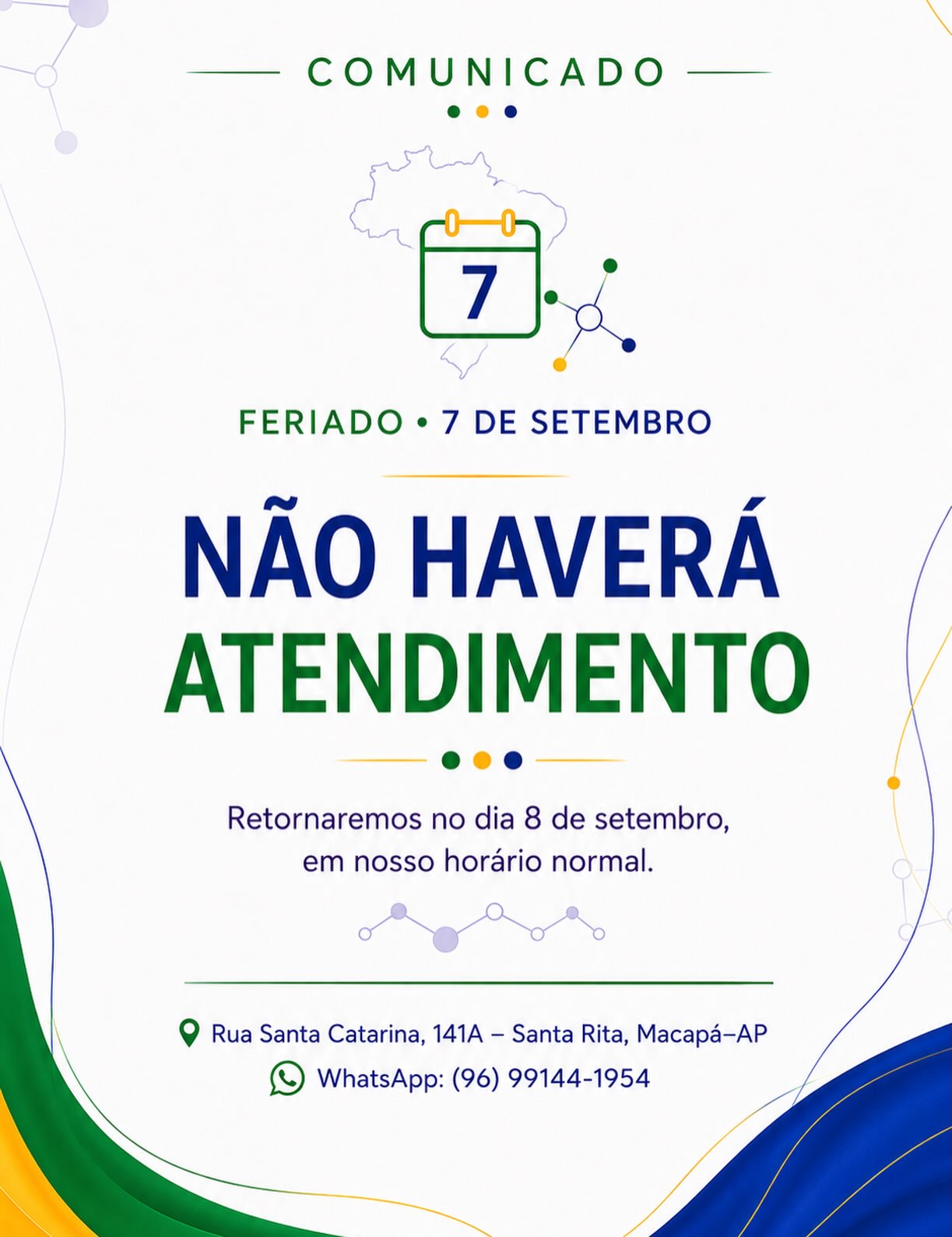 Comunicado
Informamos que amanhã, 7 de setembro, não haverá atendimento no I.Martel Lab devido ao feriado.
Retornaremos no dia 8 de setembro, em nosso horário normal. Agradecemos a compreensão! 🇧🇷