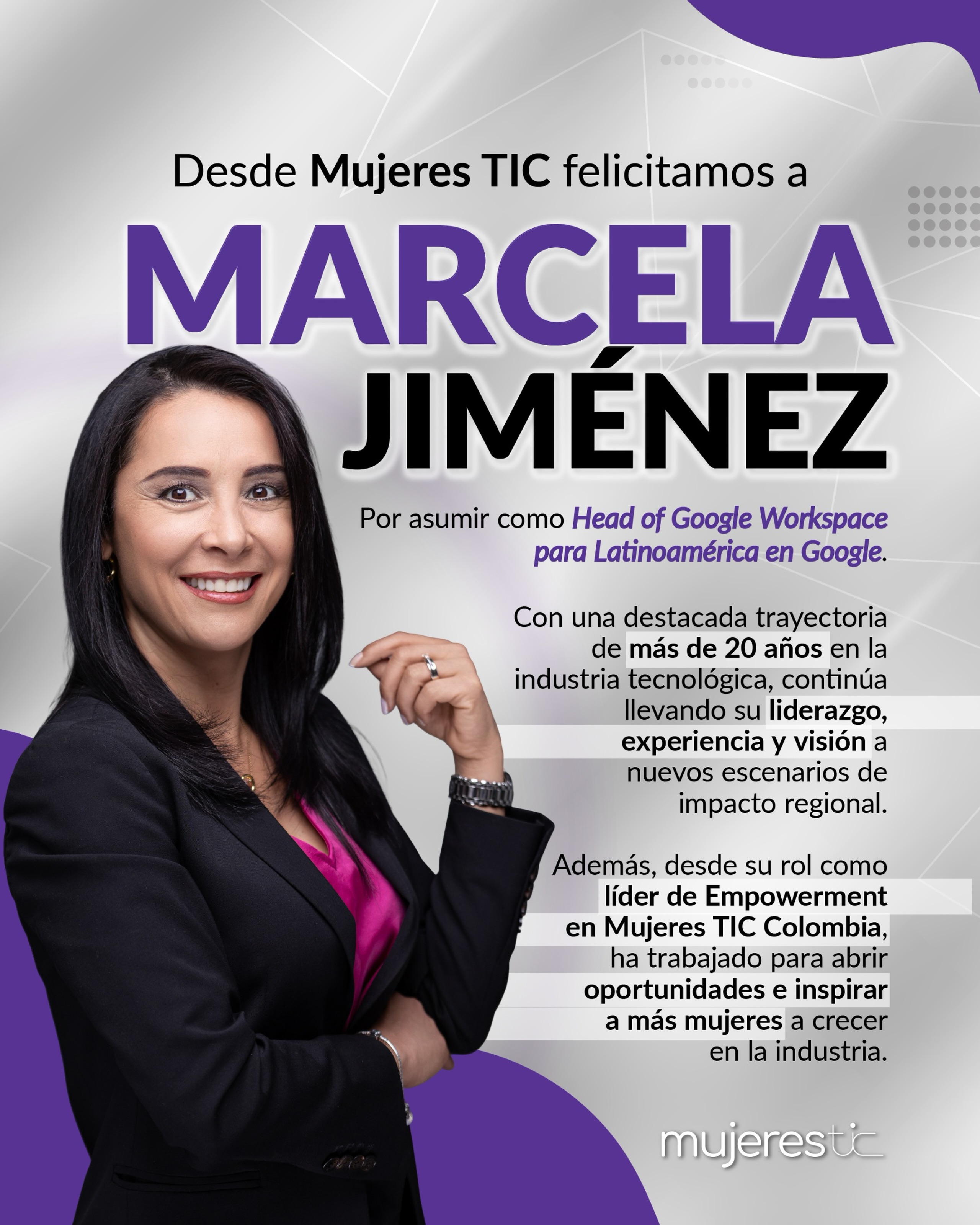 ✨ ¡Celebramos un nuevo logro que nos llena de orgullo!
Desde Mujeres TIC felicitamos a Marcela Jiménez por asumir como Head of Google Workspace para Latinoamérica en Google. 🚀
Con más de 20 años de trayectoria en la industria tecnológica, Marcela continúa llevando su liderazgo, experiencia y visión a nuevos escenarios de impacto regional.
Además, desde su rol como líder de Empowerment en Mujeres TIC Colombia, ha trabajado para abrir oportunidades e inspirar a más mujeres a crecer en la industria. 💜
¡Felicitaciones, Marcela! Qué orgullo verte seguir creciendo, transformando e inspirando.
#MujeresTIC #WomenInTech #LiderazgoFemenino #Google #Tecnología MujeresQueInspiran Liderazgo