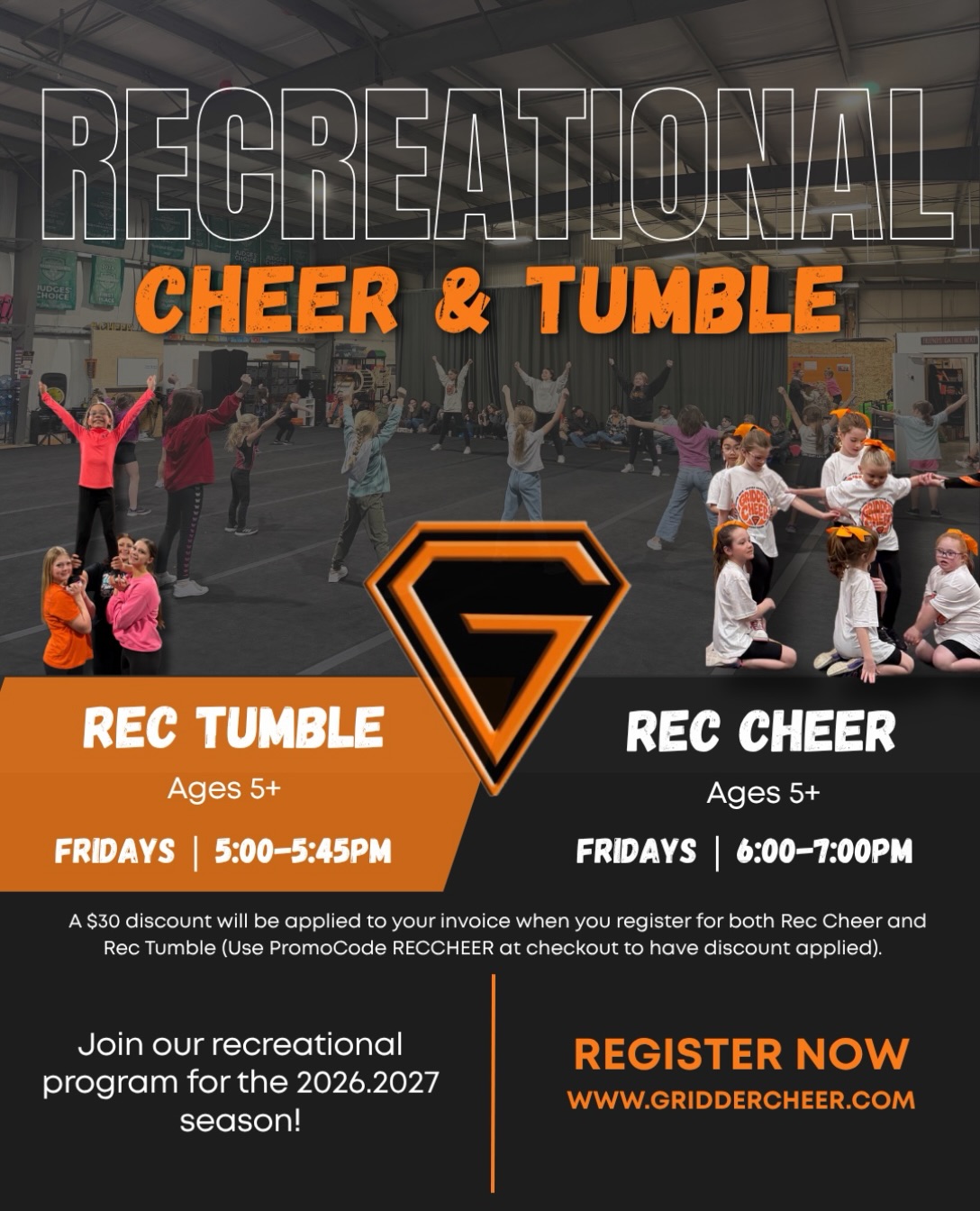🧡 REC CHEER + REC TUMBLE ARE BACK! 🖤
Looking for a fun way to get your athlete moving, learning new skills & making new friends? Our Recreational Cheer & Tumble classes are the perfect place to start!
*Fridays starting September 11th*
• Rec Tumble | Ages 5+ | 5:00–5:45 PM
• Rec Cheer | Ages 5+ | 6:00–7:00 PM
Register for both Rec Cheer + Rec Tumble and receive $30 off! Use promo code RECCHEER at checkout
🔗 Register online www.griddercheer.com or link in bio!
#reccheer#rectumble#sask#gridderscheer#griddersgym