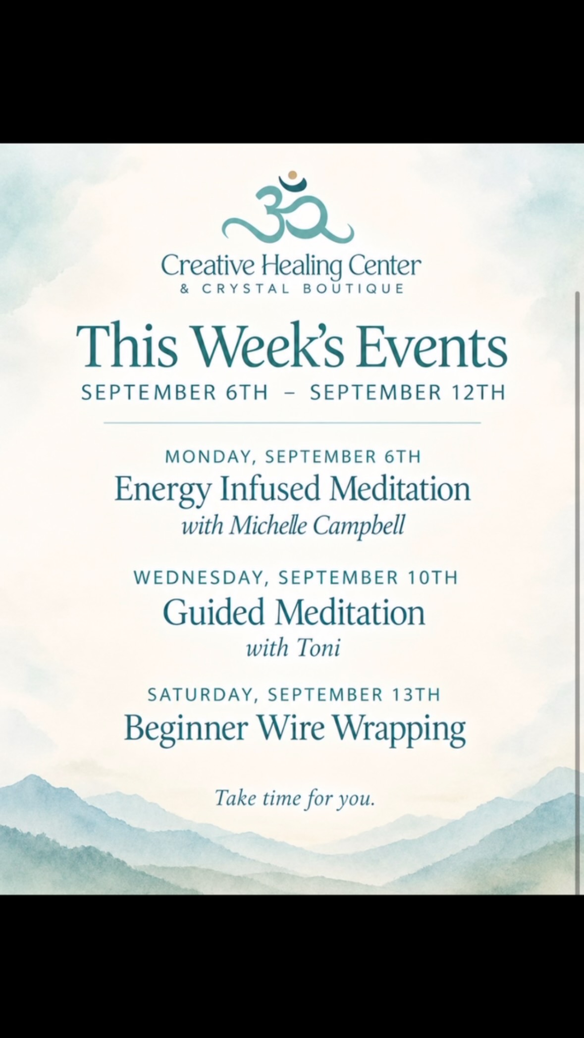 This week 9/6-9/12 at CHC
Another week of creating space to slow down, connect, learn, and nurture your wellbeing.
MONDAY
Energy-Infused Meditation
Begin your week by grounding, clearing, and allowing yourself to receive.
WEDNESDAY
Drop-In Guided Meditation
No reservation needed — simply drop in, get comfortable, and take some intentional time for yourself.
SATURDAY
Beginner Wire Wrapping
Come learn the basics of wire wrapping and create something beautiful with your own hands!
Whether you’re looking for a little stillness, a new skill, or simply a welcoming space to connect, we’d love to see you.
Come as you are. Leave a little more connected.
#CreativeHealingCenter #CrystalBoutique #Meditation #GuidedMeditation EnergyHealing