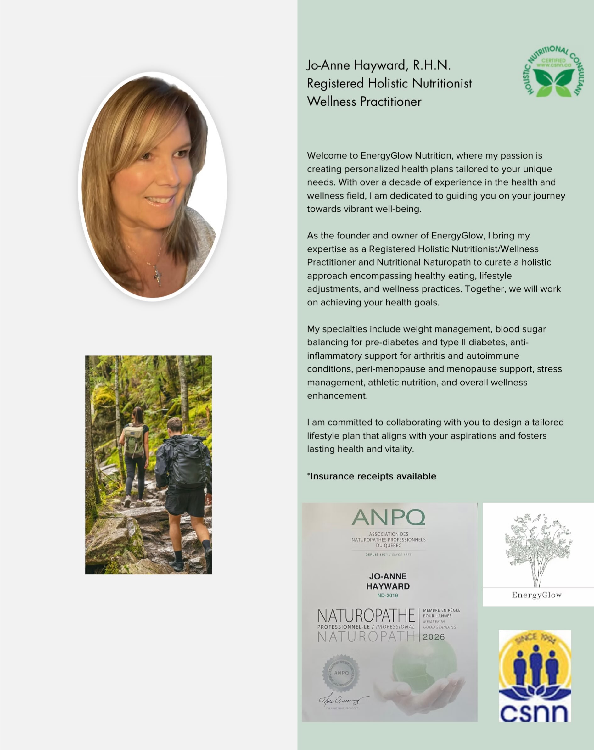 ✨ Your health deserves professional guidance—not guesswork.
At EnergyGlow Nutrition, we believe lasting results come from personalized care backed by education, experience, and science. Our team of Registered Holistic Nutritionists, Wellness Practitioners, and Professional Naturopaths is here to help you achieve your health goals with a program designed specifically for you.
✔️ Preferred provider with many insurance companies, with services often covered up to 100% depending on your plan.
✔️ Personalized nutrition and lifestyle programs based on your unique needs.
✔️ Metabolic assessments using your blood work to identify underlying imbalances.
✔️ Specialized programs for:
• Weight management
• Pre-diabetes and blood sugar support
• Hormone balancing
• Sports performance and workout optimization
• Digestive health
• Energy, inflammation, and overall wellness
📱 Your health goes wherever you do! Our secure client app gives you access to your private portal, meal plans, protocols, progress tracking, messaging, and resources—so you can stay on track whether you’re at home, at work, or traveling.
No fad diets. No one-size-fits-all plans. Just professional guidance and a personalized roadmap to help you feel your best.
📞 Book your FREE discovery call today at www.energyglow.ca and let’s discuss your goals and how EnergyGlow Nutrition can help you achieve them.
✨ True wellness glows from within