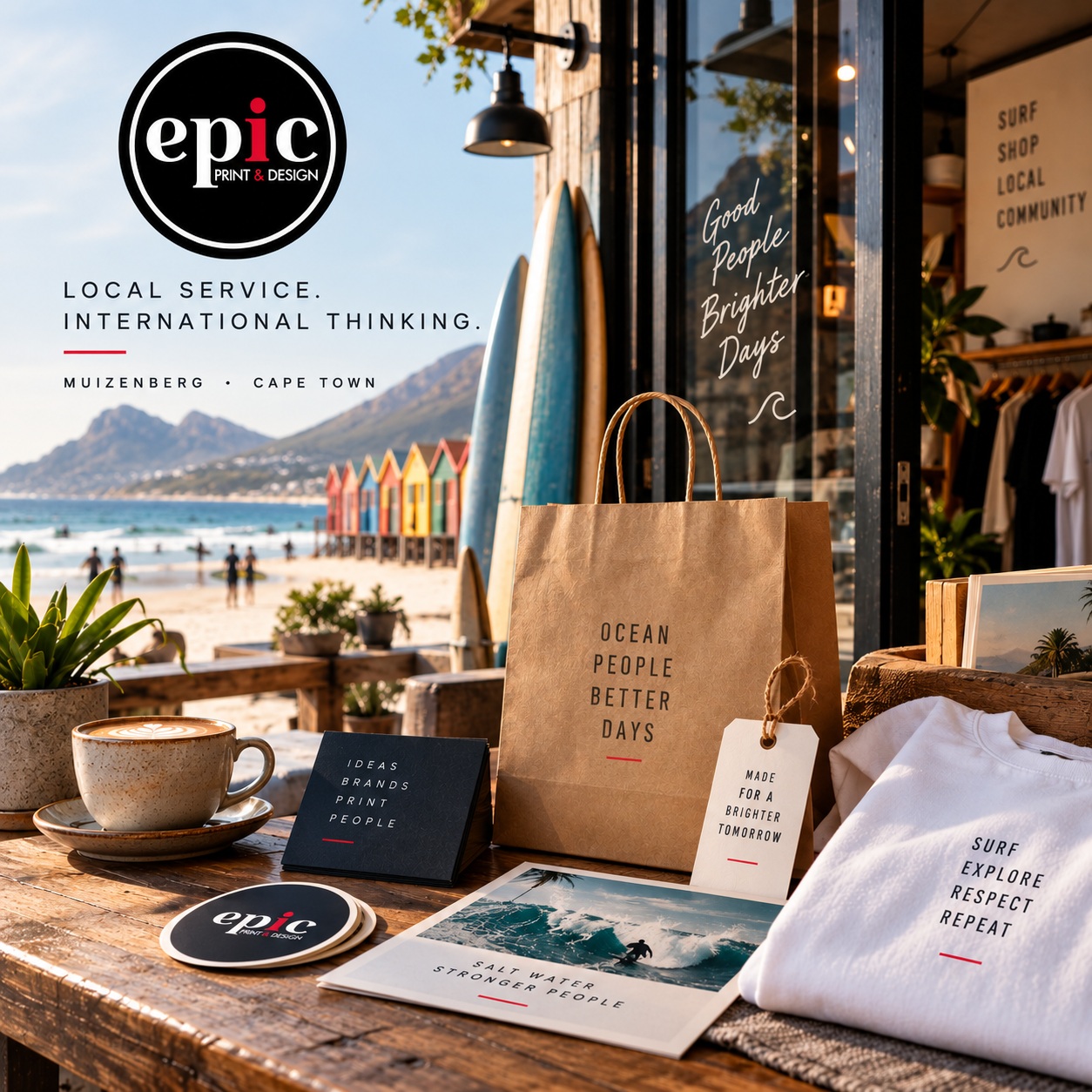 PRINT HAS CHANGED. AND SO HAVE WE.
At Epic Print & Design, we believe a modern print company should offer far more than putting ink onto paper.
Today, customers are used to doing business across borders. Someone arriving in Cape Town from Amsterdam, London or Berlin expects the same things they expect at home: professional advice, quality production, easy communication, efficient turnaround and the ability to take an idea from concept to finished product without unnecessary complication.
That is the standard we want to bring to Epic.
From our home in Muizenberg, we provide print and design solutions for local businesses, entrepreneurs, creatives, residents and international visitors.
We produce everything from business cards, flyers, books and posters to stickers, signage, window graphics, branded clothing, promotional products, canvas prints and custom projects — backed by real people who can help you work out the best solution for what you are trying to achieve.
But we're interested in where print is going next, too.
Across Europe, print is increasingly connected to the wider customer experience: sustainable material choices, smarter ordering, faster reordering, QR-connected print, personalised products and print that works alongside digital marketing.
We want Epic to be part of that future.
Our goal is simple: combine the convenience and quality customers expect internationally with something we believe still matters enormously — personal, local service.
Whether you're a Muizenberg business that has been with us for years, a new entrepreneur launching your first brand, or a visitor from Amsterdam who suddenly needs something professionally printed while you're in Cape Town, we want you to feel that you're in capable hands.
Because good printing isn't really about paper, vinyl or ink.
It's about helping an idea become something real.
Epic Print & Design
#localservice #internationalthinking #proudlyprinting
