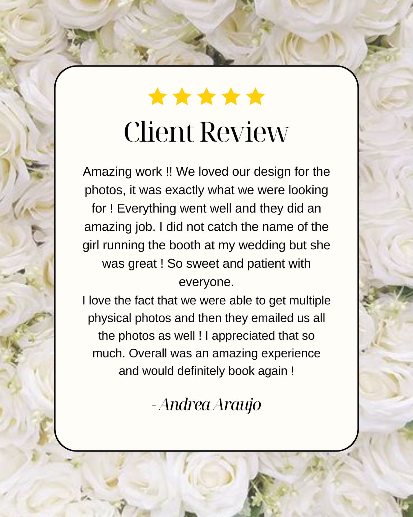 Nothing makes us happier than hearing that our clients loved their experience with LaLuna 🤍✨
Thank you, Andrea, for the beautiful review and for trusting us to be part of your special day! We’re so glad you loved your custom photo design, the physical prints, and having all your photos delivered digitally too. 📸
And of course, our photobooth attendants are always on-site to make sure everything runs smoothly, guests feel comfortable, and everyone gets to have fun and capture their best moments! 🤍
-
#ClientReview #WeddingPhotobooth #TorontoWeddings #PhotoBoothFun #WeddingMemories