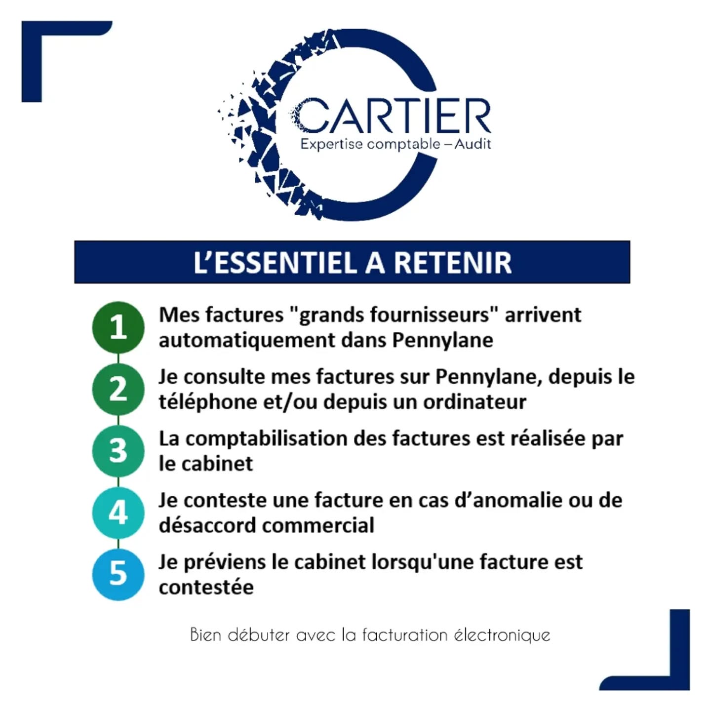 📩 Facturation électronique : notre retour d’expérience !
📅 Depuis le 1er septembre 2026, la facturation électronique est entrée dans notre quotidien et les premières factures de « grands » fournisseurs arrivent directement dans Pennylane.
Et déjà, trois questions reviennent régulièrement chez nos clients :
👉 Comment consulter une facture reçue ?
👉 Comment la télécharger ?
👉 Comment la contester en cas d’erreur ?
Pour vous accompagner, le cabinet CARTIER a préparé un carrousel pour y répondre et vous aider pour bien débuter avec la facturation électronique.
TO DO : prendre les bons réflexes dès maintenant pour apprivoiser la facturation électronique 🦁