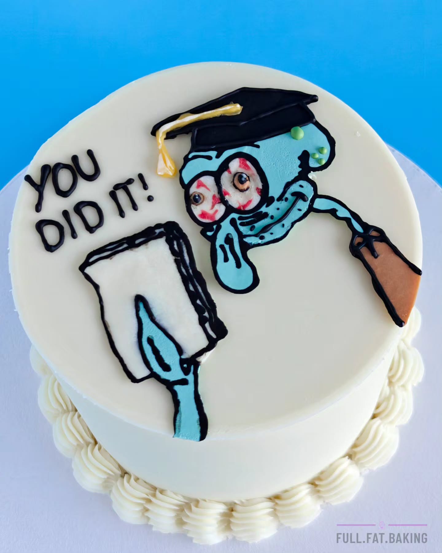 For when you graduate, but spiritually you’re still Squidward 😂🎓 “YOU DID IT!”… somehow.
#GraduationCake #SquidwardCake #FunnyCake #CustomCake #fullfatbaking