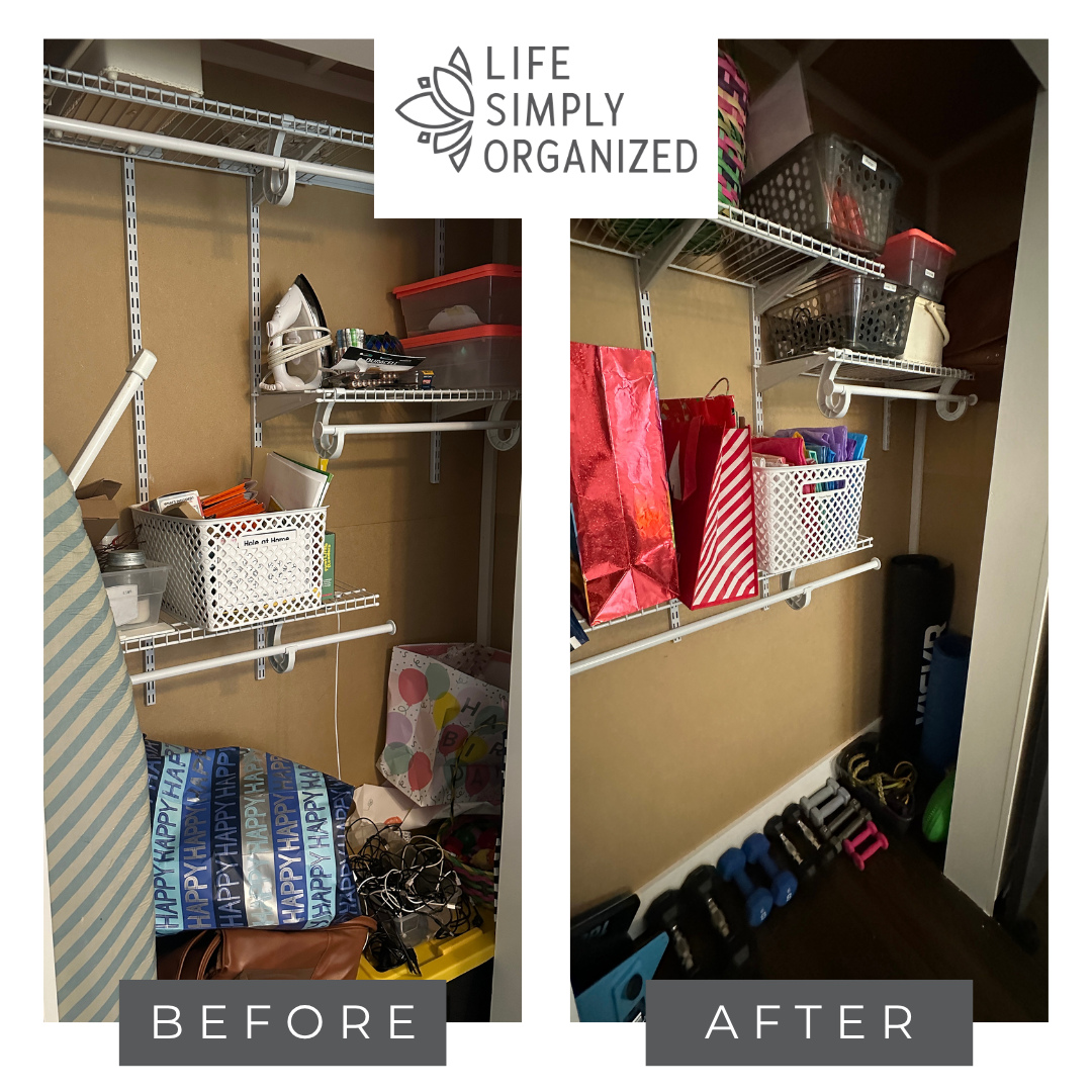 From cluttered to categorized! āØā
ā
This closet transformation is proof that the right system can make even the busiest spaces feel calm and functional.ā
ā
By utilizing shelving, labeled containers, and organizing gift wrapping supplies by size, everything now has a designated place and is easy to find when needed. šā
ā
No more digging for the right bag, wrapping paper, or suppliesājust a simple system designed to make life easier!ā
ā
Because organization isnāt about perfection⦠itās about creating a space that works for you. šā
ā
#LifeSimplyOrganized #BeforeAndAfter #ClosetOrganization #HomeOrganization #ProfessionalOrganizer #OrganizedHome #GiftWrapOrganization #StorageSolutions #OrganizationTips #LabeledBins #OrganizingIdeas #SimplifyYourLife #FunctionalHome #GetOrganized #HomeTransformation #OrganizedLiving #DeclutterYourLife #ShelfOrganization #OrganizationInspiration #ClosetGoals