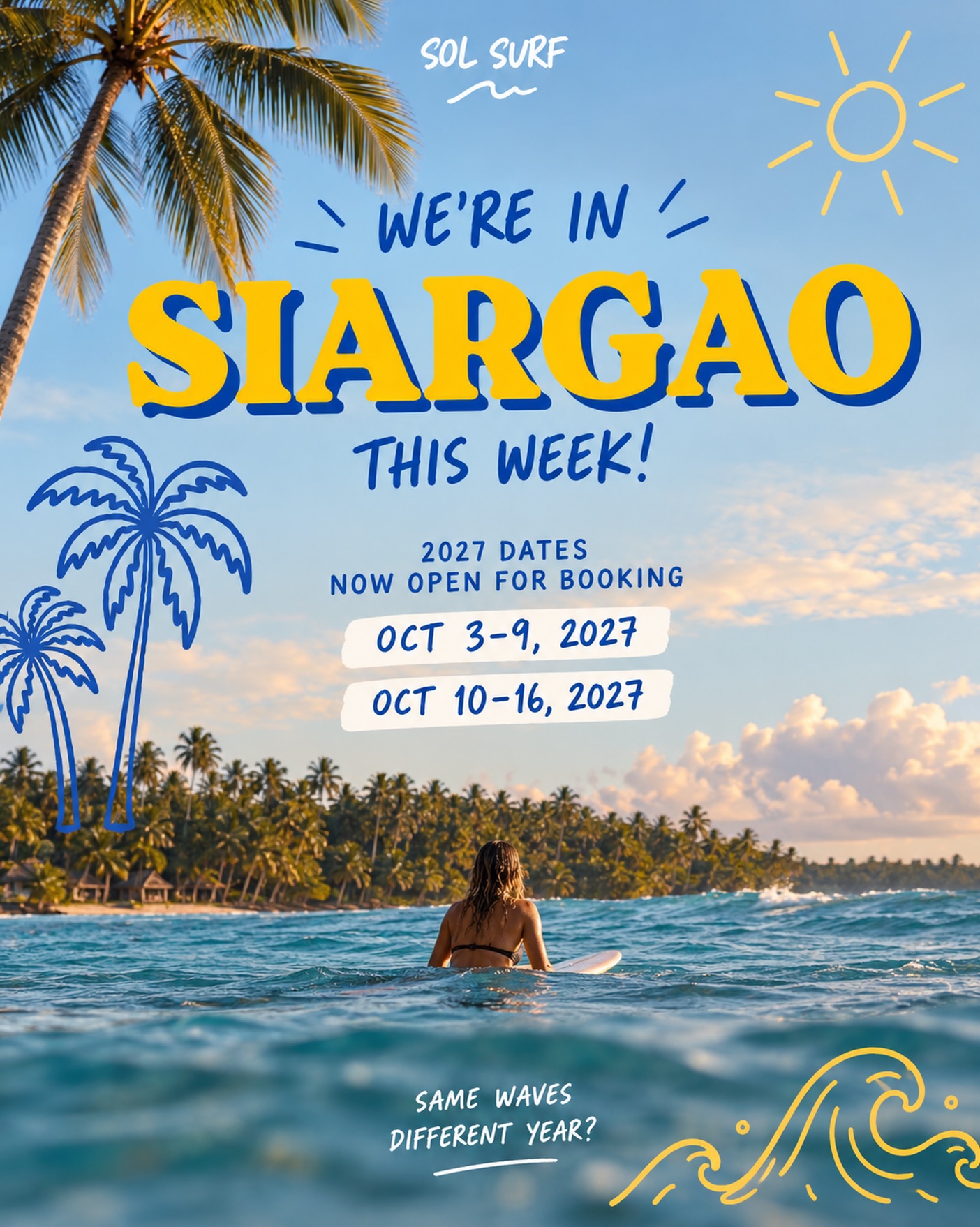 We’re in paradise this week and next week 🥳 stay tuned through our stories to see what a week with us in Siargao looks like… and if you want to experience it for yourself then book for next year (spots are already booking up).
2027:
Oct 3-9
Oct 10-16
See website for details and booking! For now, enjoy the highlights of our next couple of weeks in Siargao 🏝️ 🤙🏼