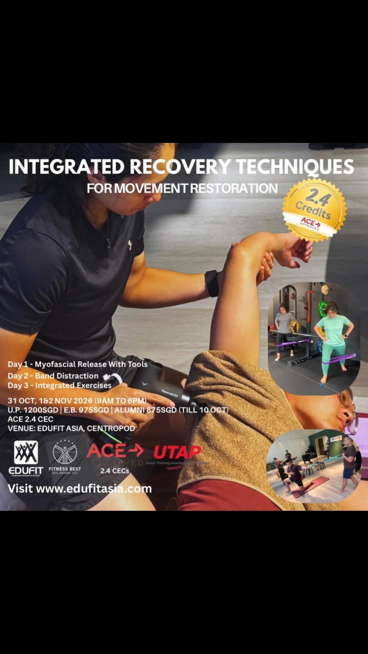 🚨🔥 REGISTRATIONS ARE NOW OPEN! 🔥🚨
READY TO LEVEL UP YOUR HANDS-ON SKILLS? 💪
Stop just telling your clients to “stretch more” or “move better.” 😎
Learn the WHY, HOW & WHEN behind practical recovery and movement restoration techniques — and add more tools to your coaching & therapy toolbox! 🧰
Our INTEGRATED RECOVERY TECHNIQUES FOR MOVEMENT RESTORATION is a 3-DAY, HANDS-ON INTENSIVE designed to help you understand the body, improve movement and confidently integrate recovery strategies into your sessions.
🎯 PERFECT FOR:
✅ Personal Trainers
✅ Strength & Conditioning Coaches
✅ Sports Massage Therapists
✅ Physiotherapists & Rehab Professionals
✅ Fitness Instructors
✅ Sports Coaches
✅ Fitness Enthusiasts who want to REALLY understand movement & recovery
🔥 WHAT YOU’LL GET YOUR HANDS ON:
🔹 Myofascial Compression Techniques
🔹 Joint Mobilisation Methods + Banded Distraction
🔹 Corrective Exercise Integration
🔹 Muscle Activation Strategies
🔹 Stabilisation & Load Progressions
This isn’t about collecting another certificate to hang on the wall. 🖼️
It’s about building practical skills you can actually USE with your clients — helping them move better, recover smarter and perform at their best. 🚀
📅 31 OCT, 1 & 2 NOV 2026
📍 SINGAPORE 🇸🇬
💰 EARLY BIRD: SGD975 — till 10 Oct
🔥 ALUMNI RATE: SGD875
U.P. SGD1,200
🎓 ACE Approved — Earn 2.4 CECs
⚠️ LIMITED SEATS!
We’re keeping the group small so you get plenty of hands-on practice, coaching and feedback throughout the 3 days.
👉 READY TO UPGRADE YOUR SKILLS?
📩 DM us NOW to secure your spot and be part of our 2nd INTAKE!
Come ready to learn.
Come ready to get hands-on.
Come ready to MOVE DIFFERENTLY. 🔥💪
#MovementRestoration #FitnessEducation #SportsTherapy #SportSG #personaltrainingsingapore
