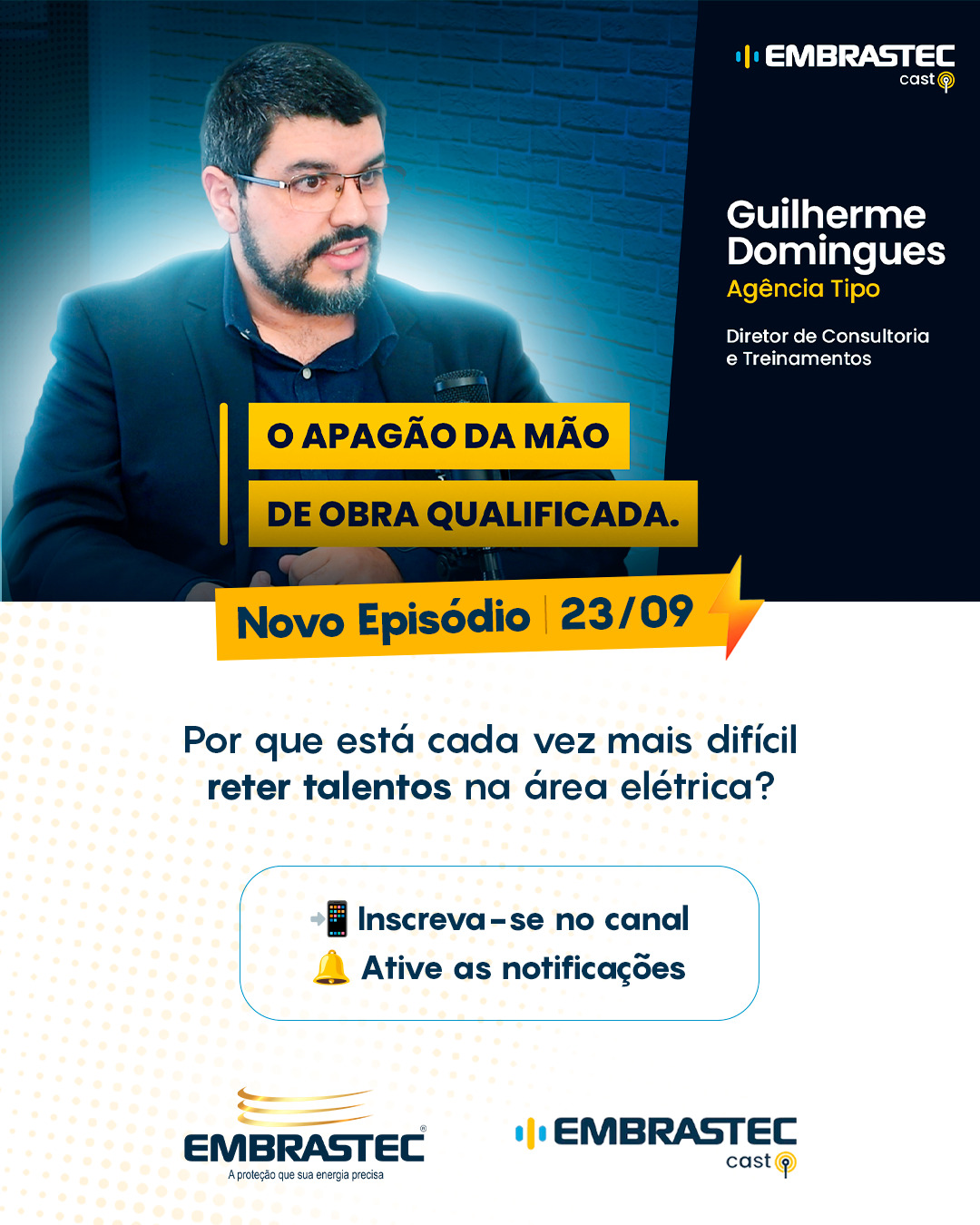 Você já teve dificuldade para encontrar um bom eletricista ou reter um jovem talento na sua empresa? 🏢⚡
O setor elétrico investe milhões em novas tecnologias e máquinas, mas muitas vezes esquece do seu principal recurso: as pessoas.
Nesta quarta-feira, o Embrastec Cast traz um papo diferente e fundamental com Guilherme Domingues, especialista com 15 anos de atuação em reestruturação de empresas.
Vamos discutir por que os processos comerciais da nossa indústria muitas vezes estão obsoletos, o papel da Inteligência Artificial nas vendas e como o choque de gerações está esvaziando as posições técnicas no Brasil.
Qual é o seu maior desafio hoje como profissional ou gestor: atrair novos clientes ou encontrar bons profissionais no mercado?
Comente aqui embaixo e ative as notificações para não perder esse episódio!