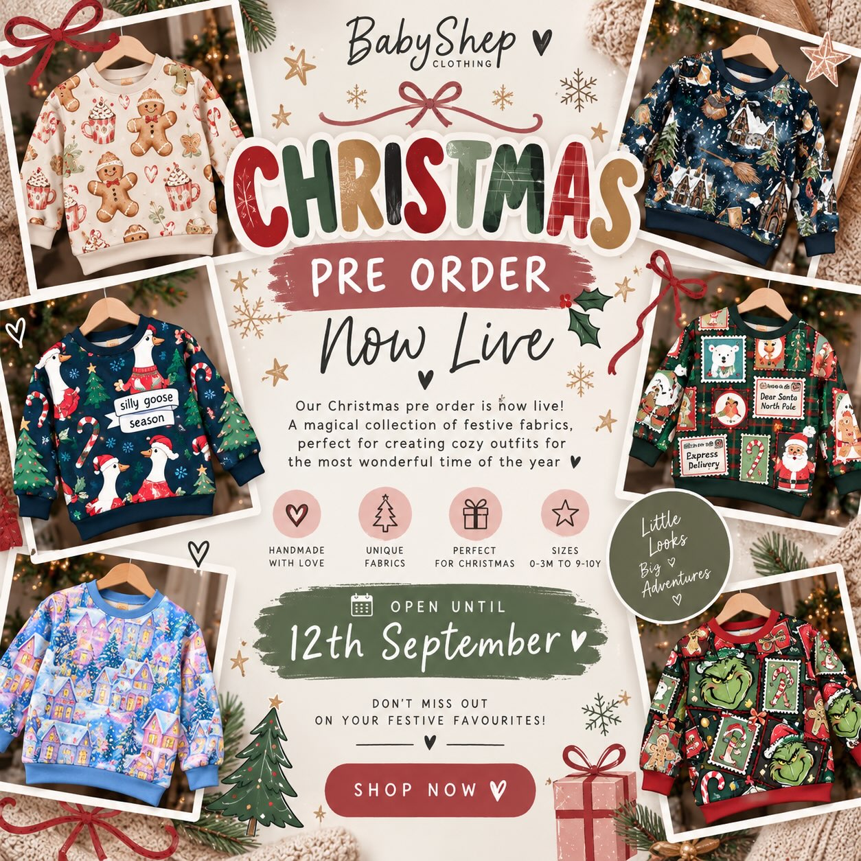 🎄✨ CHRISTMAS PRE-ORDER IS NOW LIVE! ✨🎄
Our Christmas fabrics are here and we are SO excited to start creating all your festive BabyShep pieces! 🎅🏼🧵❤️
Choose your favourite Christmas print and have it made into your favourite BabyShep style — perfect for Christmas PJs, cosy sweatshirts, leggings and all those festive days out! 🎁❄️
🎄 Pre-order closes 12th September
🧵 Turnaround: 8–12 weeks
💳 Klarna & PayPal Pay in 3 available
✨ DEPOSIT OPTION AVAILABLE! ✨
If you’d rather secure your order now and pay later, you can order with just a £5 deposit per item, with the remaining balance payable at the end of September. 💌
To order using the deposit option, simply pop us a message and we’ll arrange it for you!
Everything is handmade to order with lots of love by our little BabyShep team. 🥰🪡
🎅🏼 Christmas sewing is about to begin… which prints are you choosing?! 👀🎄