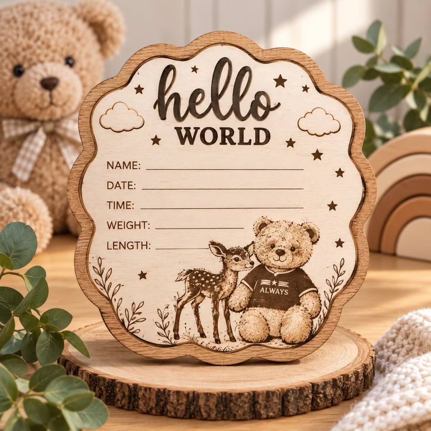 “Hello World” Baby Birth Keepsake Plaque 🩷🥹
Personalised Baby Birth Keepsake – R399
♡ Name
♡ Date
♡ Time
♡ Weight
♡ Length
♡ Custom woodland design
♡ Approx. 20–25 cm
♡ Made to order
The perfect gift for every baby shower
