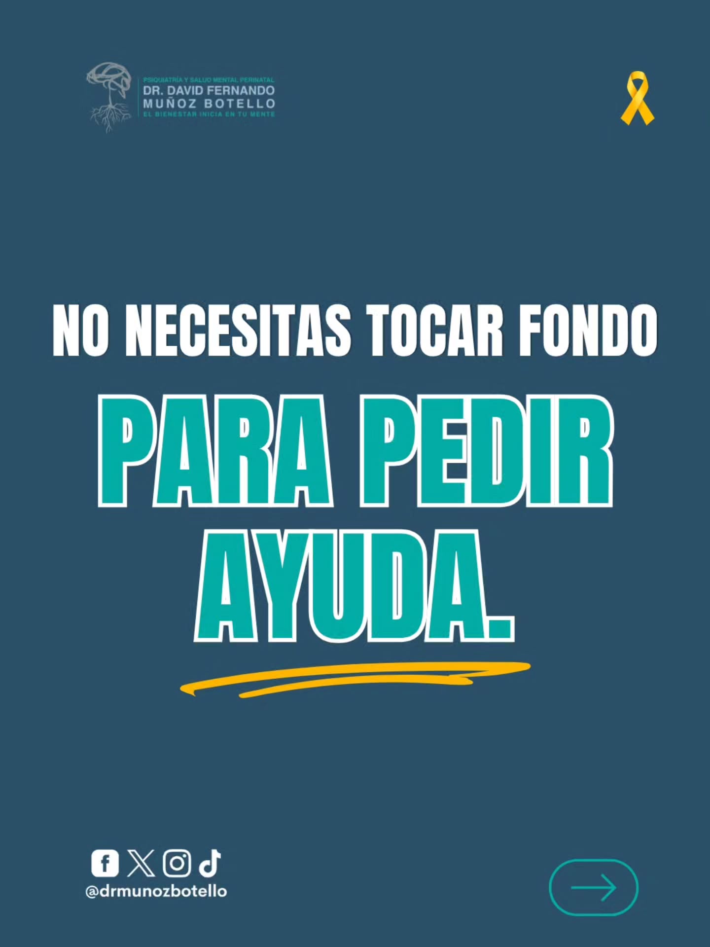 No tienes que esperar a que todo se derrumbe para decir: “necesito ayuda”. 🎗️
Si algo te está afectando, si ya no te sientes como tú o simplemente sientes que no puedes con todo… eso también merece atención.
Pedir ayuda a tiempo también es cuidarte. 🧠💛
#SaludMental #PrevencionDelSuicidio #BienestarEmocional #CuidarTuSaludMental #drmunozbotello