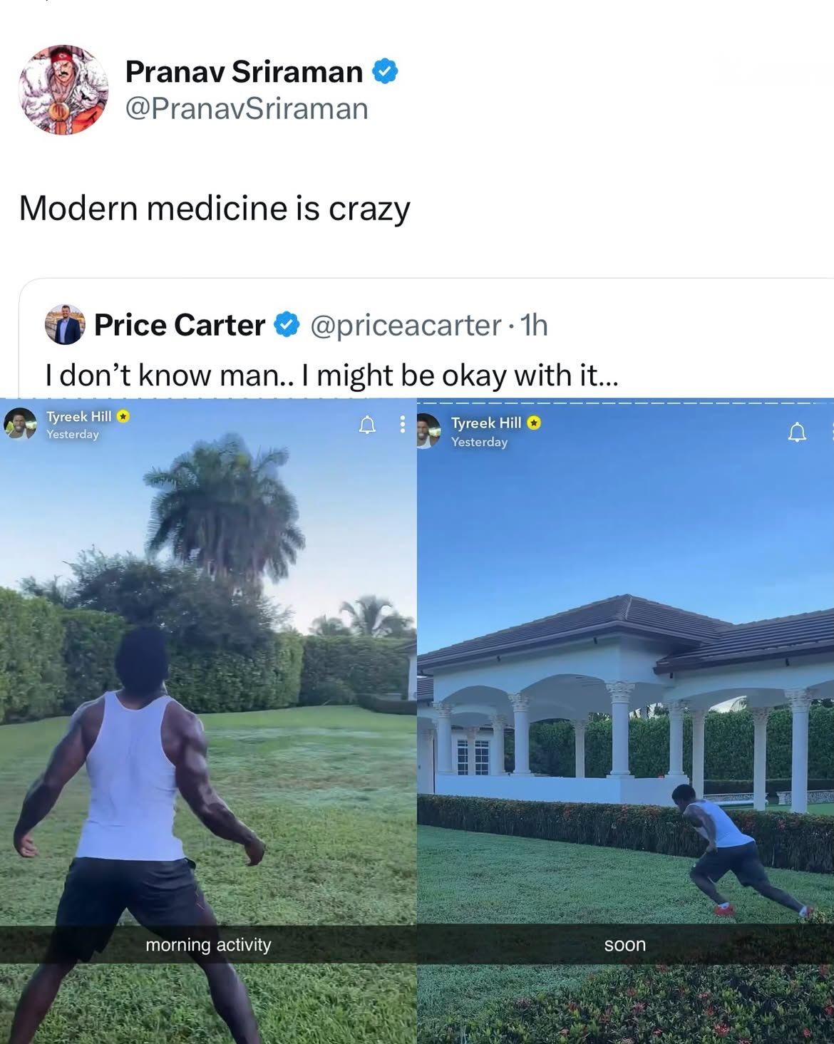 🚨 THE RETURN?! 🐆💨
Former #Dolphins WR Tyreek Hill just uploaded footage on Snapchat of himself running at FULL SPEED. 👀🔥
Hill suffered a gruesome injury that ended his 2025 NFL season, and he currently remains unsigned… but if he’s moving like THIS, that might not be the case for much longer.
Modern medicine is absolutely ridiculous. 🤯
How does Tyreek Hill look to you? Is a comeback loading? ⏳🏈
#TyreekHill #NFL #MiamiDolphins #NFLNews