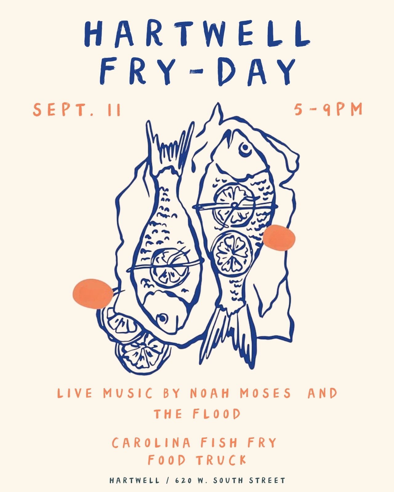 Hartwell Fry-day 🐟🍤🐠 @carolinafishfry_garnernc and @noahmosesandtheflood return this Friday, September 11th! Open 5-9pm