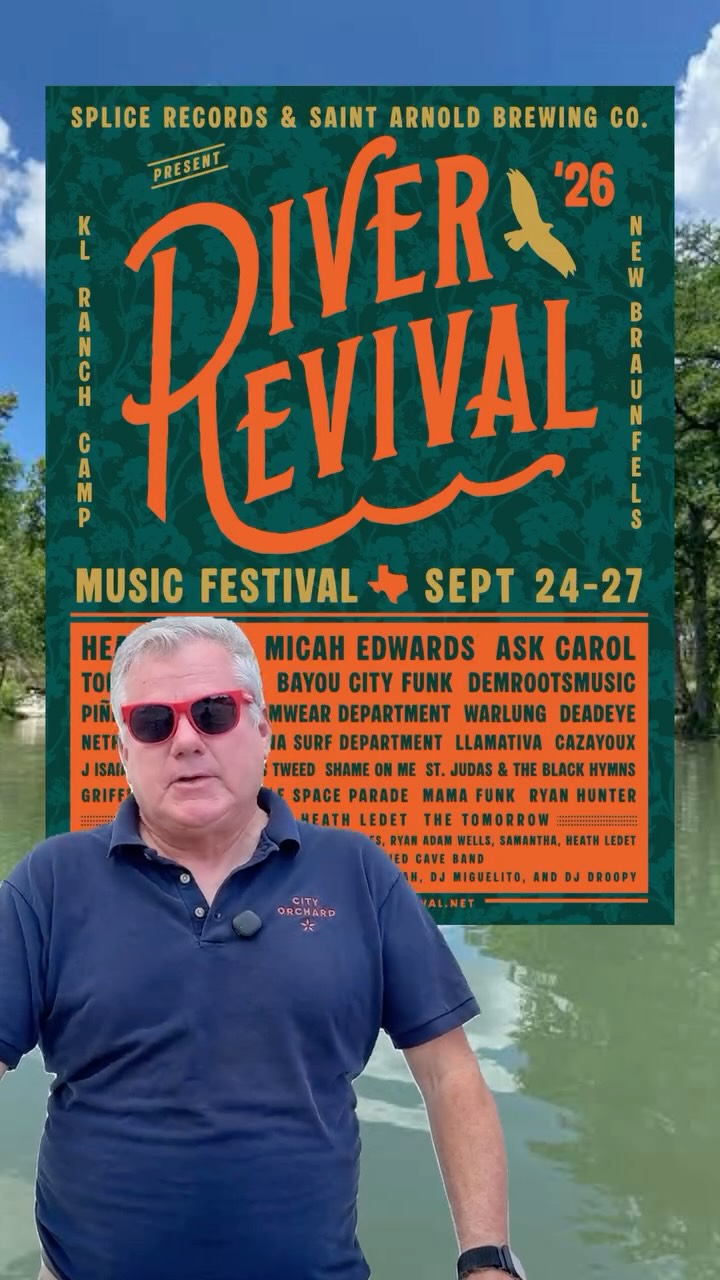 We’re in New Braunfels this weekend. 🍎
City Orchard is sponsoring and pouring at River Revival Fest, today through Sunday. If you’re headed that way, come find us.
We’ll be pouring Texas Dry and Hazy Gold, so swing by our tent for a cold pour of real cider and a little river sway. 😎
Festival details at riverrevival.net.